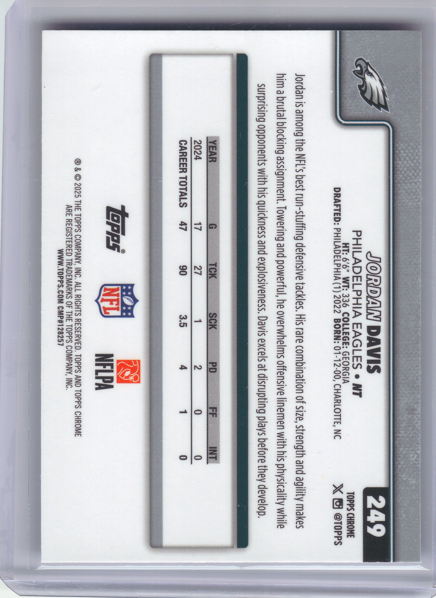 2025 Topps Chrome #249 Jordan Davis Red White and Blue Refractor Philadelphia Eagles