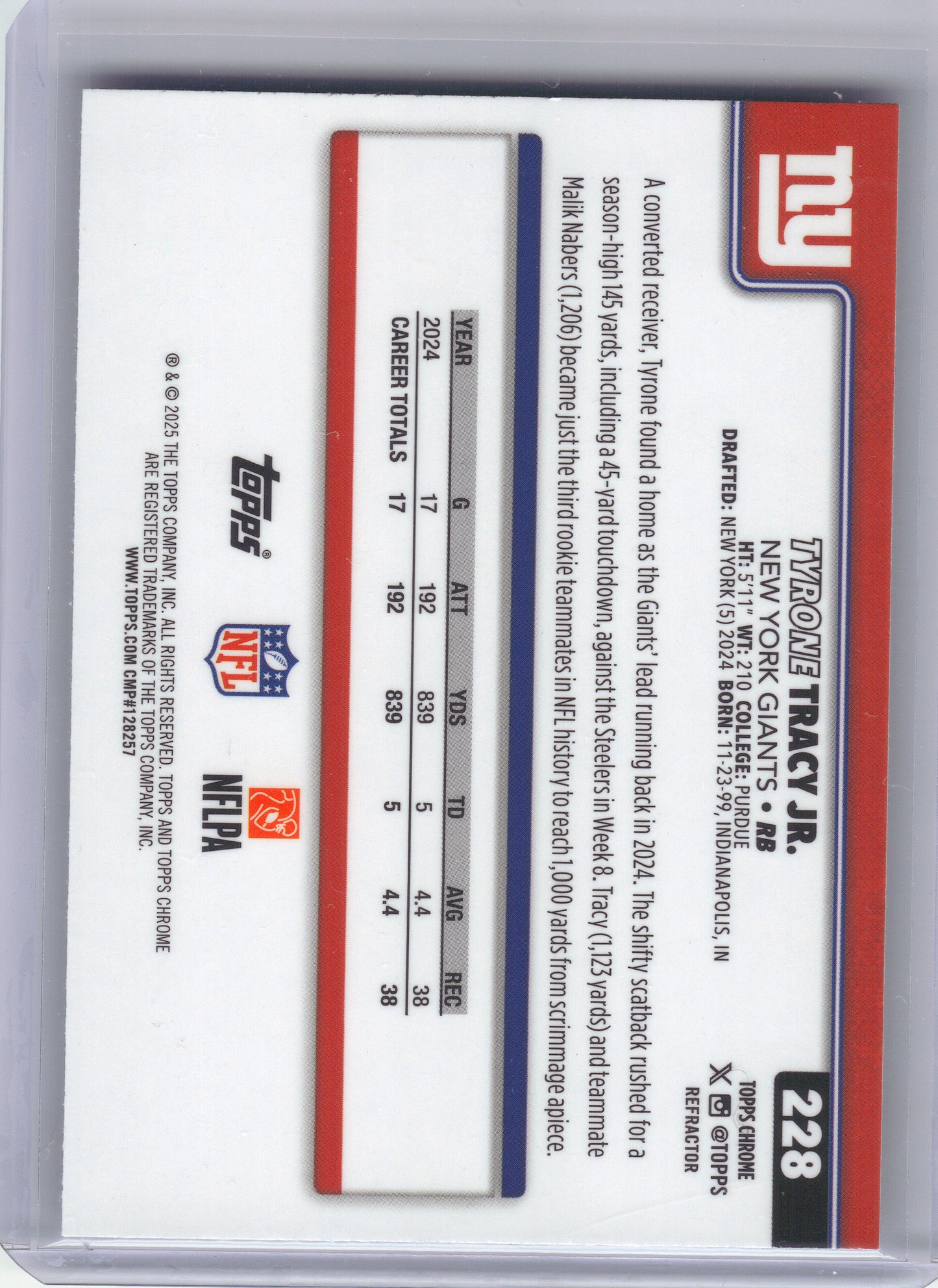 2025 Topps Chrome #228 Tyrone Tracy Jr. Refractor New York Giants