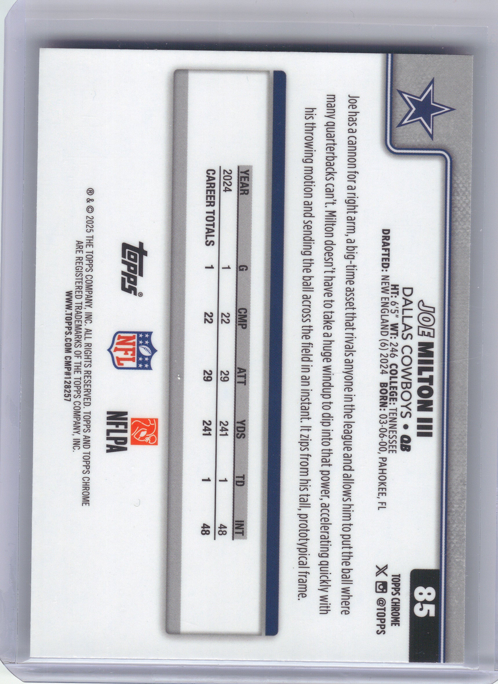 2025 Topps Chrome #85 Joe Milton III Ray Wave Refractor Dallas Cowboys