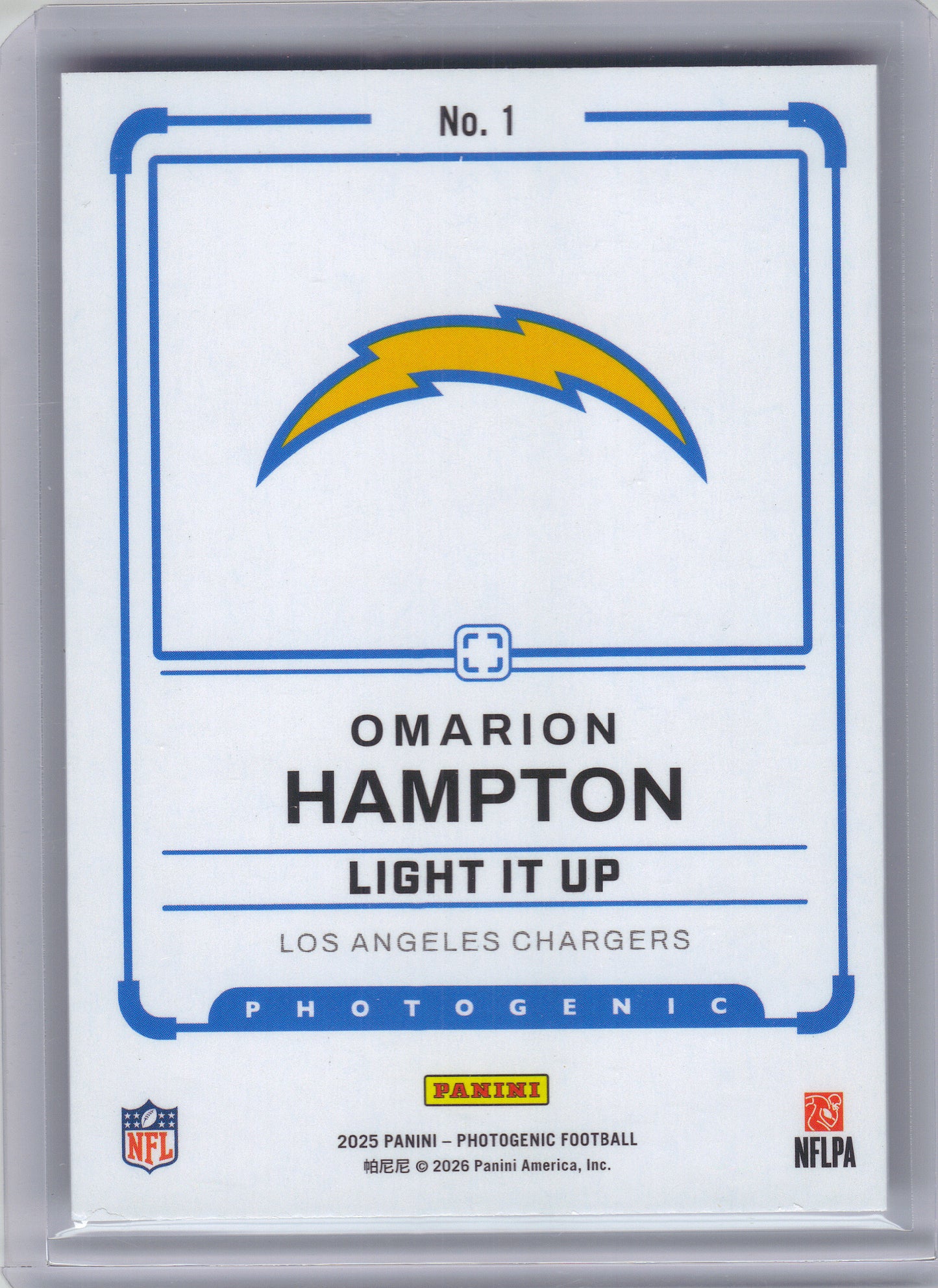 2025 Panini Photogenic #1 Omarion Hampton Light It Up Los Angeles Chargers