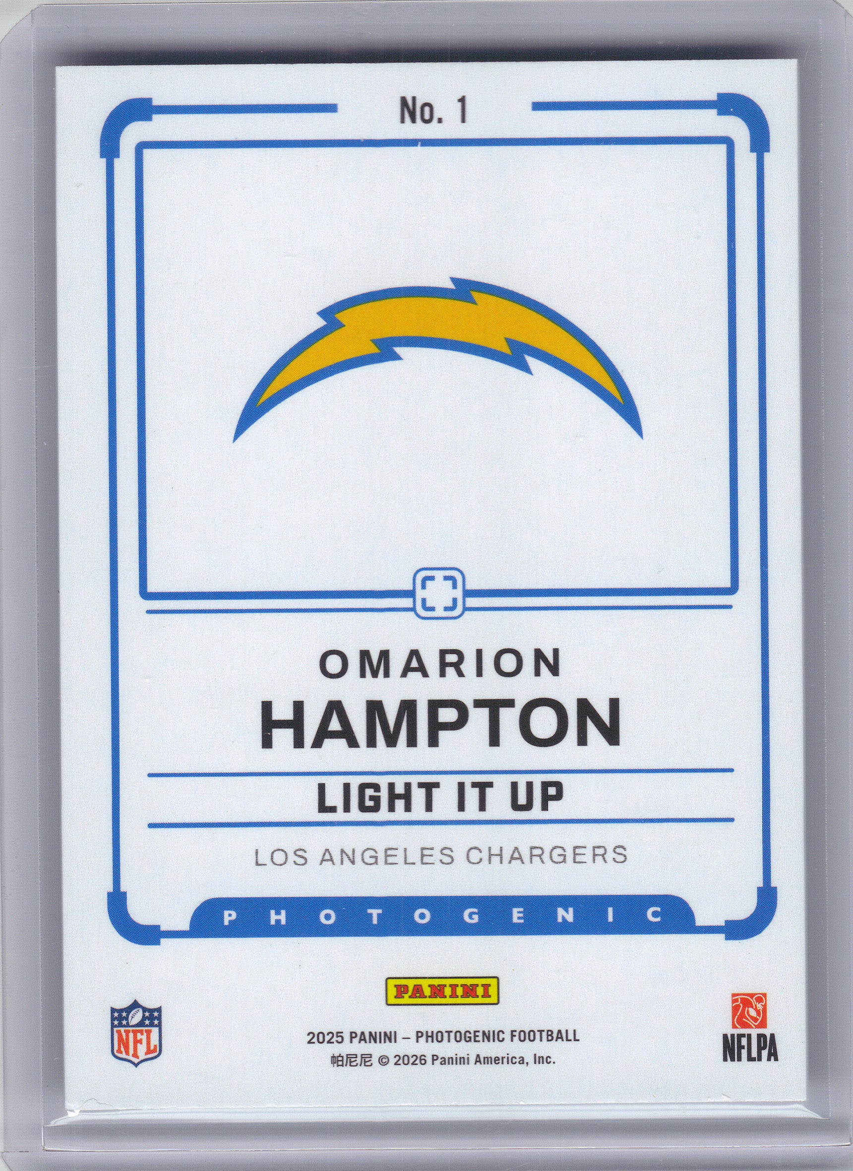 2025 Panini Photogenic #1 Omarion Hampton Light It Up Los Angeles Chargers