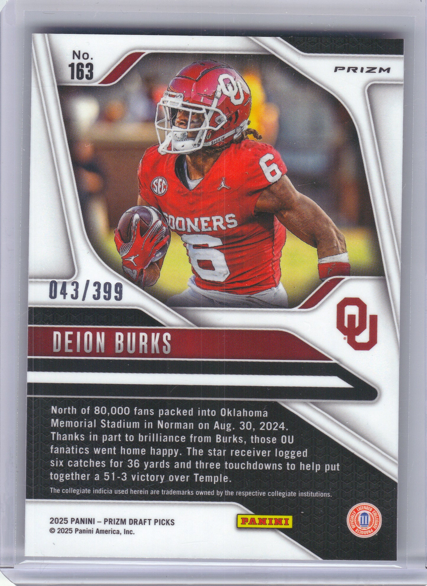 2025 Panini Prizm Draft Picks #163 Deion Burks Prizms Red #/399 Oklahoma Sooners SN