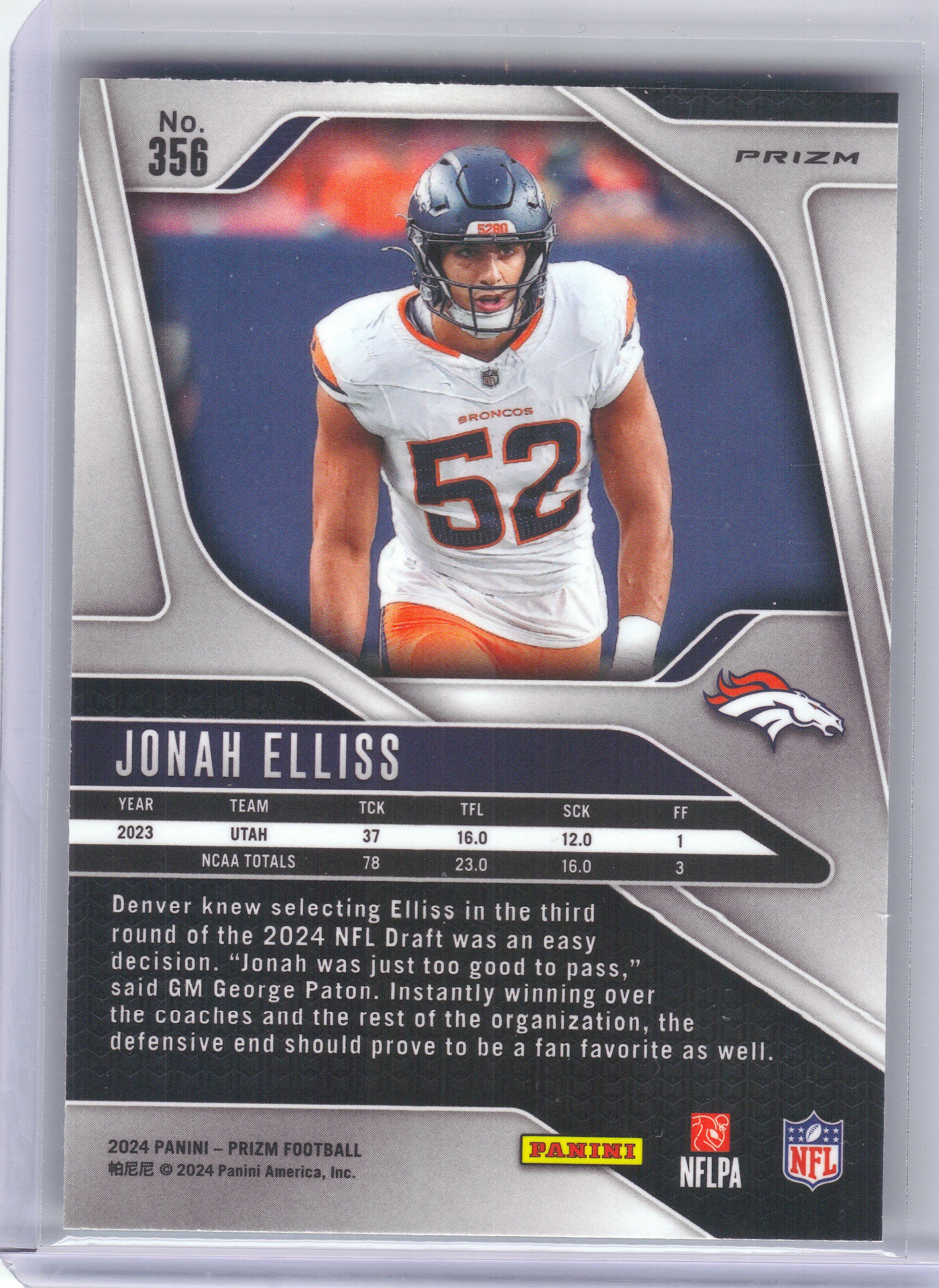 2024 Panini Prizm #356 Jonah Elliss Green Wave Denver Broncos RC