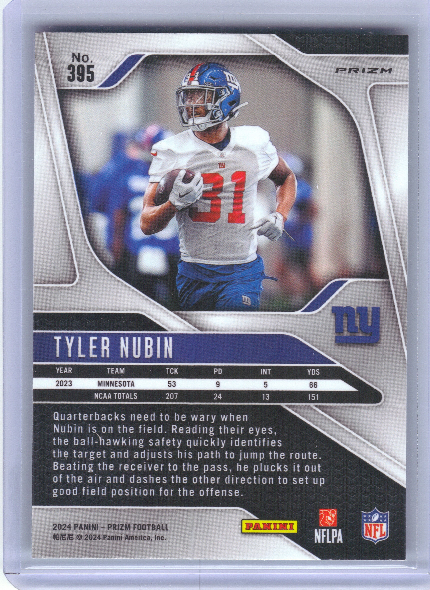 2024 Panini Prizm #395 Tyler Nubin Neon Green Pulsar New York Giants RC