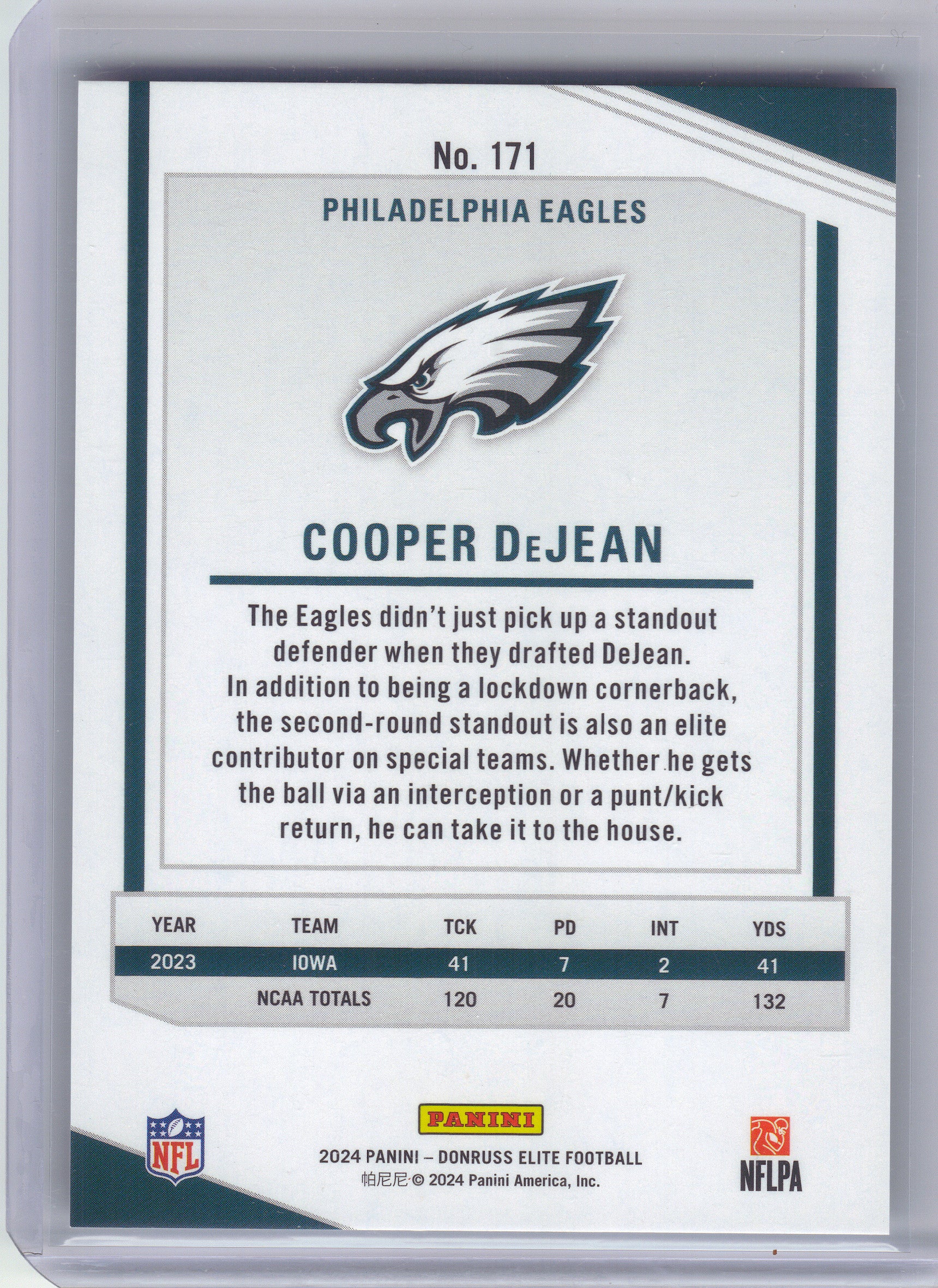 2024 Donruss Elite #171 Cooper DeJean #/999 Philadelphia Eagles SN, RC