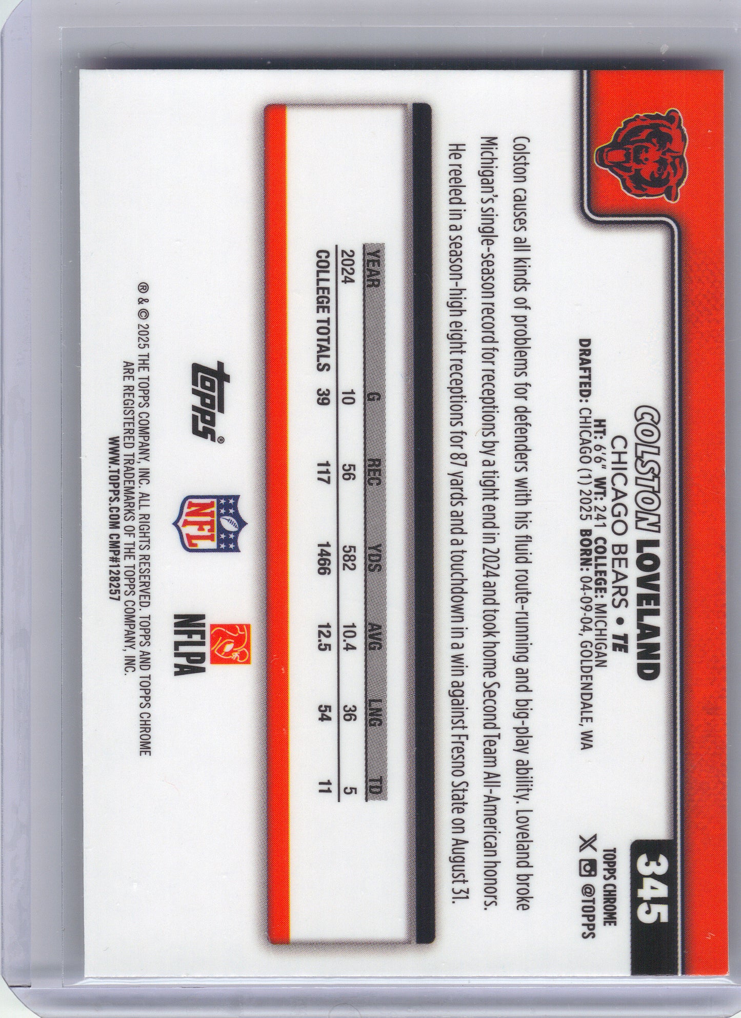 2025 Topps Chrome #345 Colston Loveland X-Fractor Chicago Bears RC