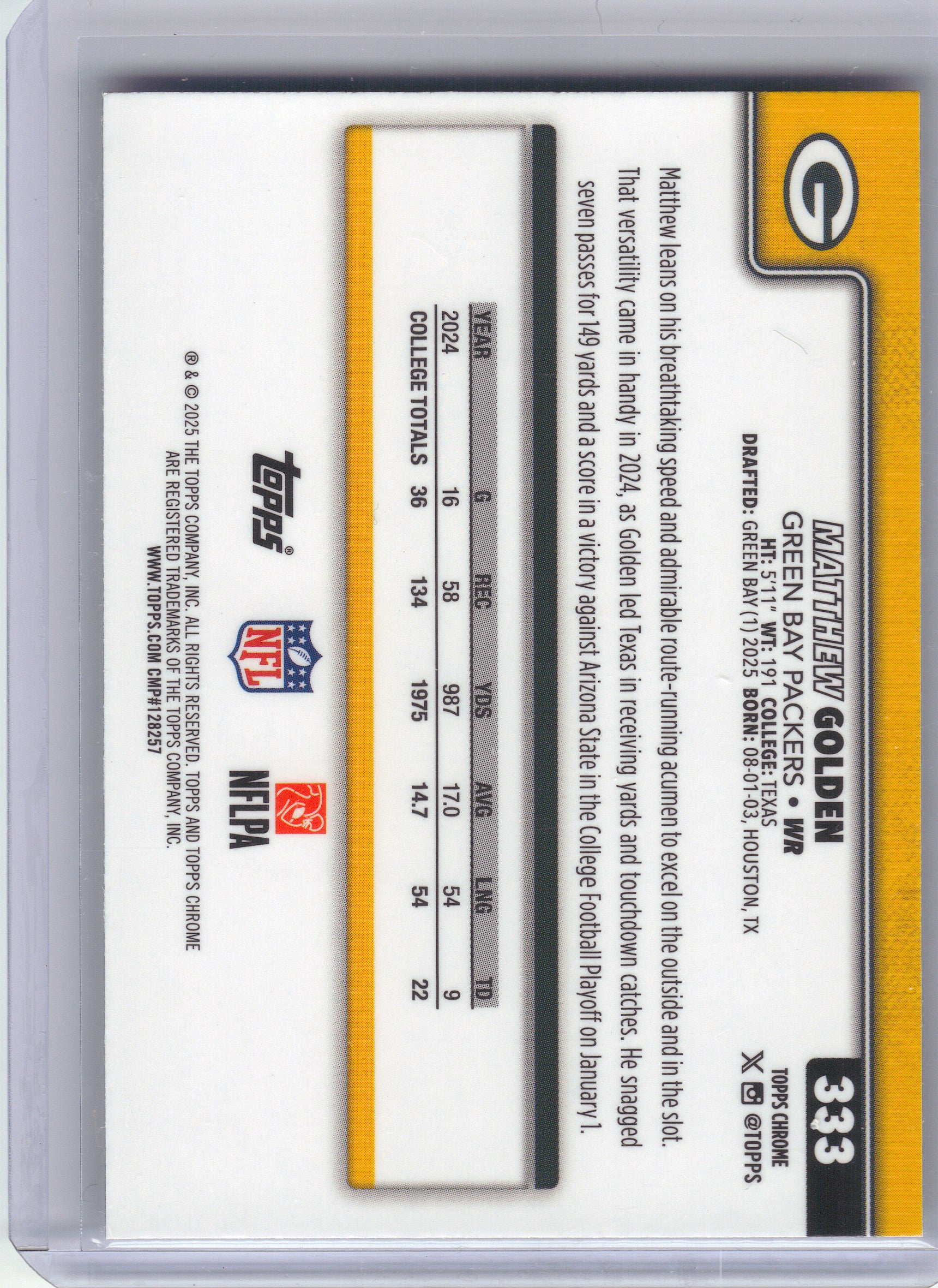 2025 Topps Chrome #333 Matthew Golden X-Fractor Green Bay Packers RC