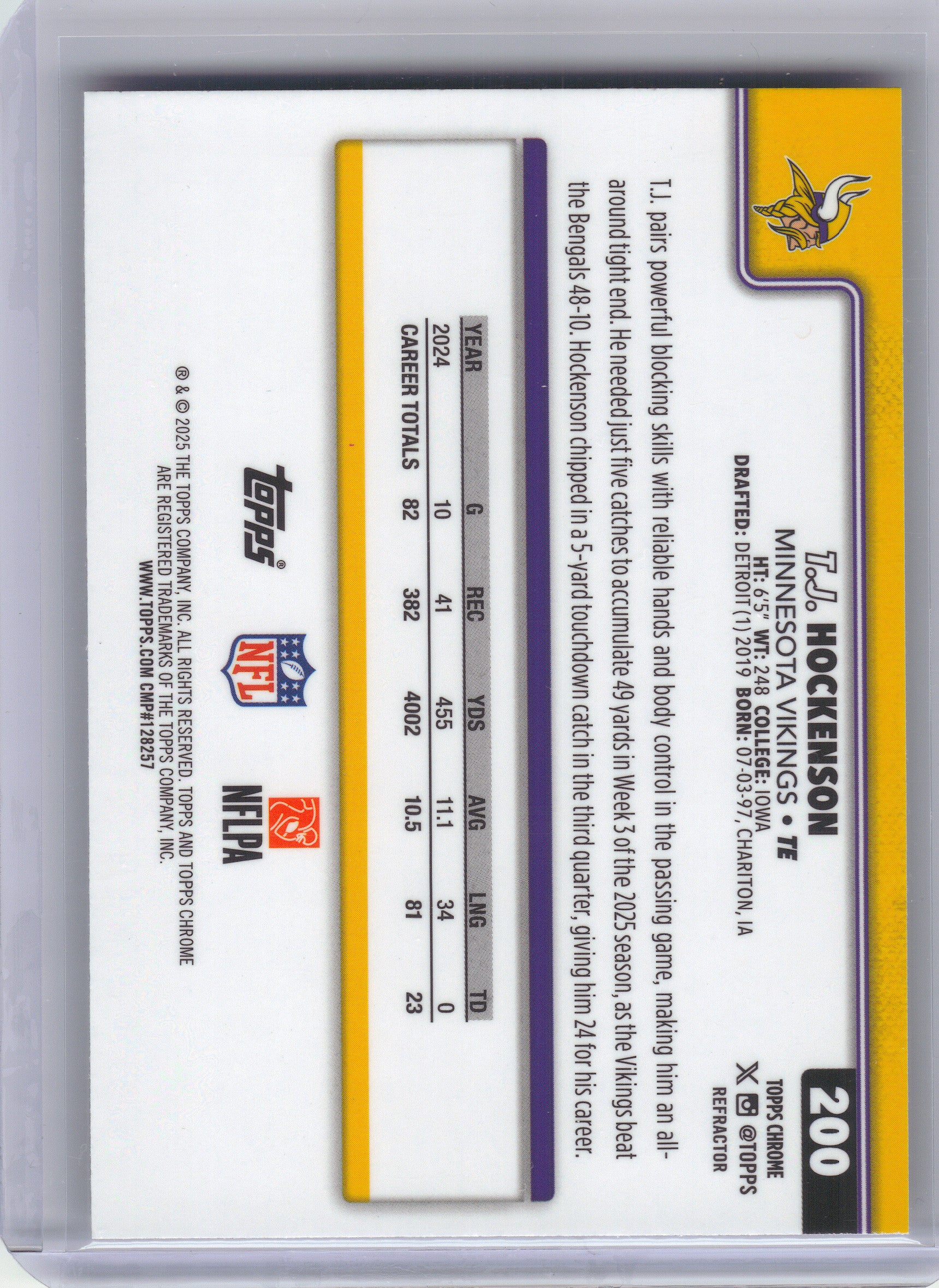 2025 Topps Chrome #200 T.J. Hockenson Refractor Minnesota Vikings
