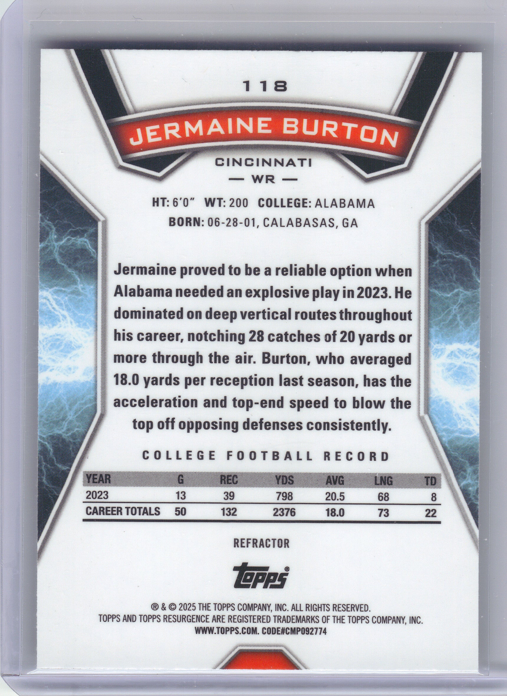 2024 Topps Resurgence #118 Jermaine Burton Refractor Cincinnati Bengals RC