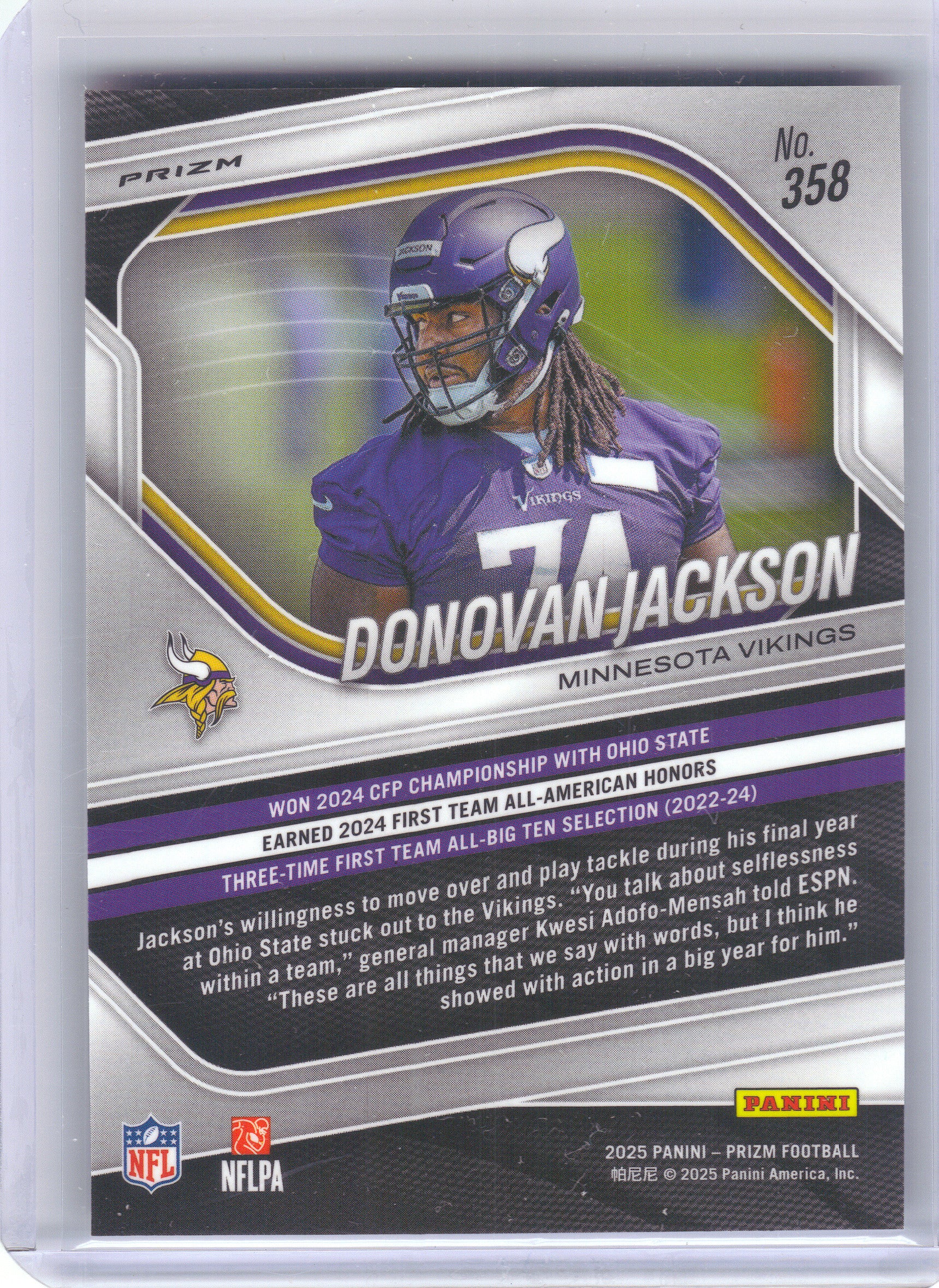 2025 Panini Prizm #358 Donovan Jackson Red White and Blue Minnesota Vikings