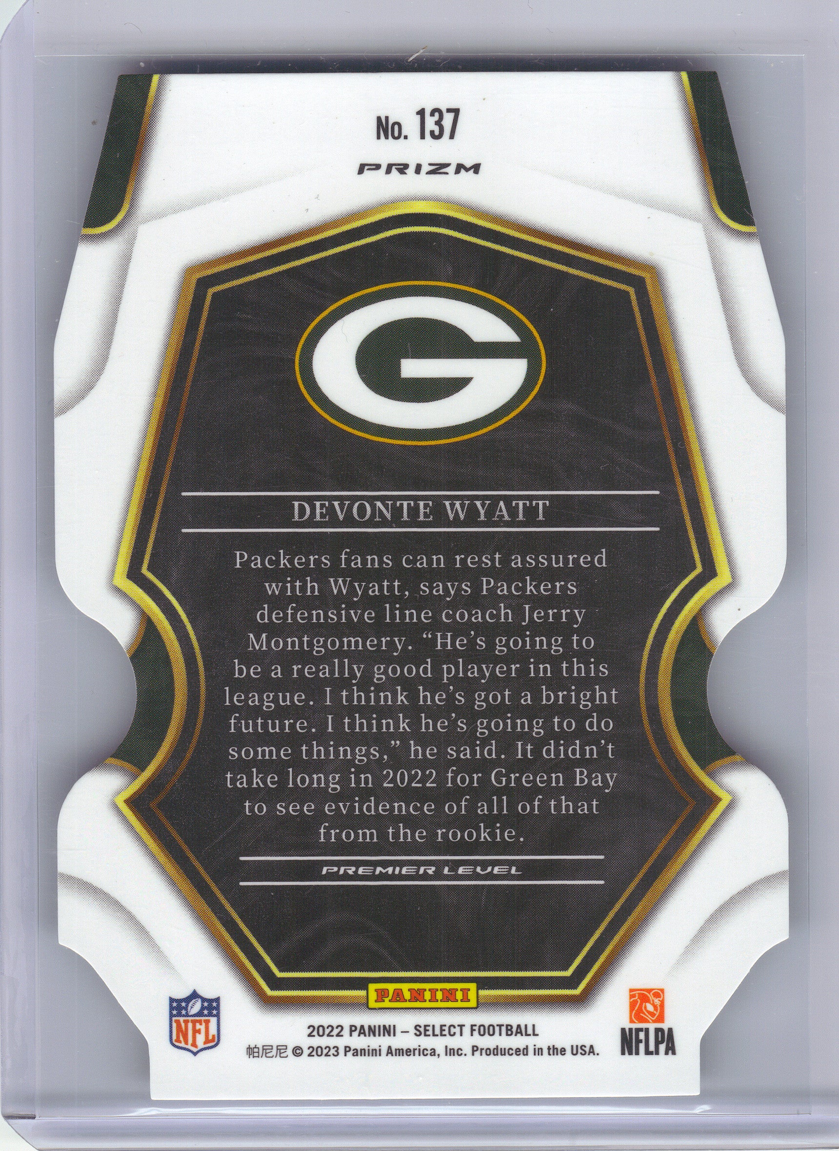 2022 Panini Select #137 Devonte Wyatt Zebra Prizm Die Cut Green Bay Packers RC