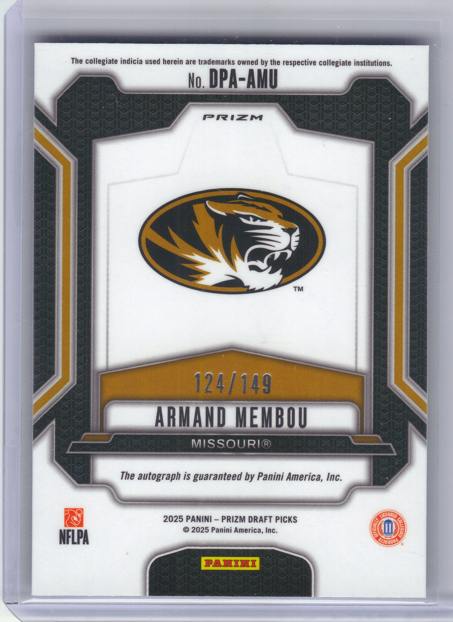 2025 Panini Prizm Draft Picks #DPA-AMU Armand Membou Draft Picks Autographs Blue Ice #/149 Missouri Tigers SN, AU