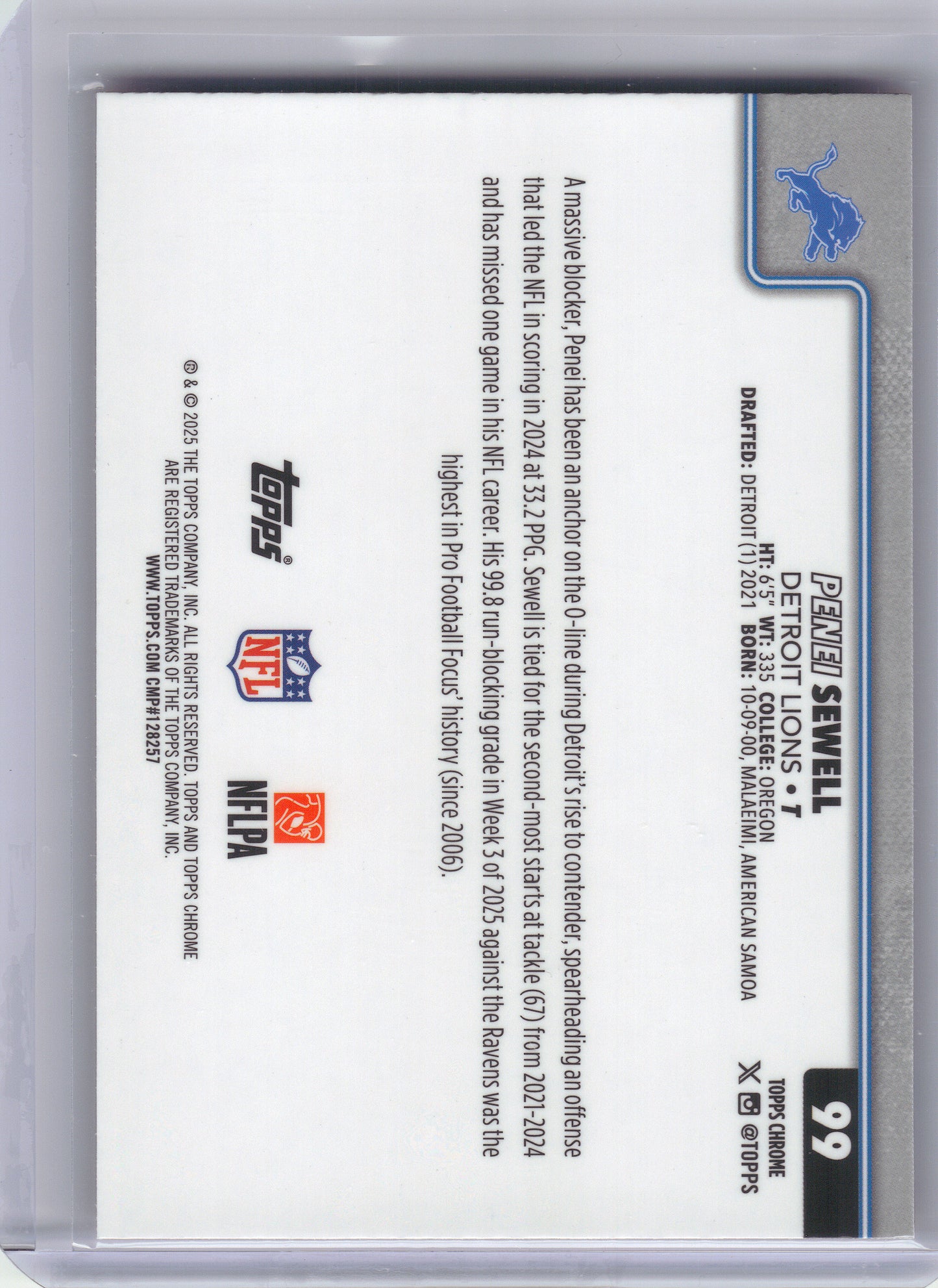 2025 Topps Chrome #99 Penei Sewell Hot Pink X-Fractor Detroit Lions