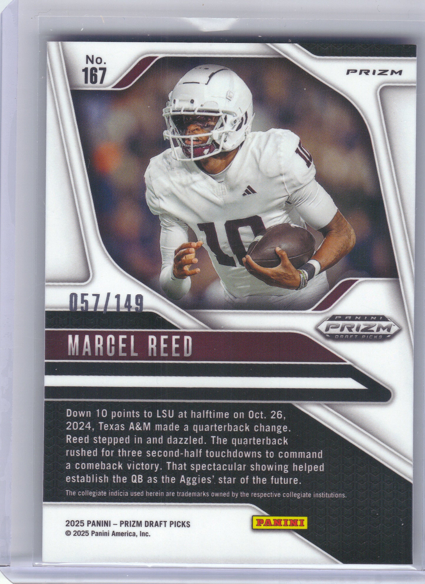 2025 Panini Prizm Draft Picks #167 Marcel Reed Prizms Blue Ice #/149 Texas A&M Aggies SN