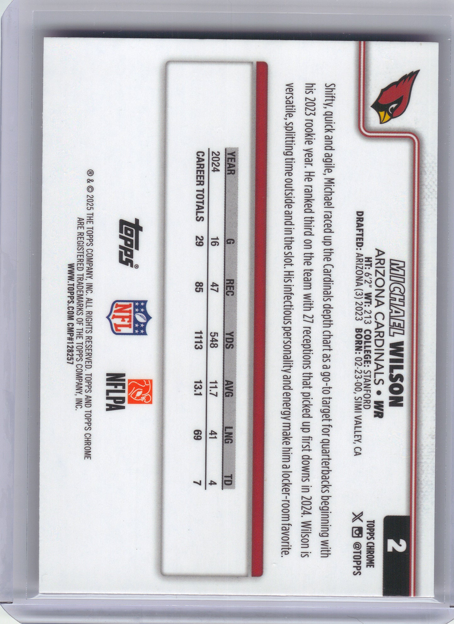 2025 Topps Chrome #2 Michael Wilson Hot Pink X-Fractor Arizona Cardinals