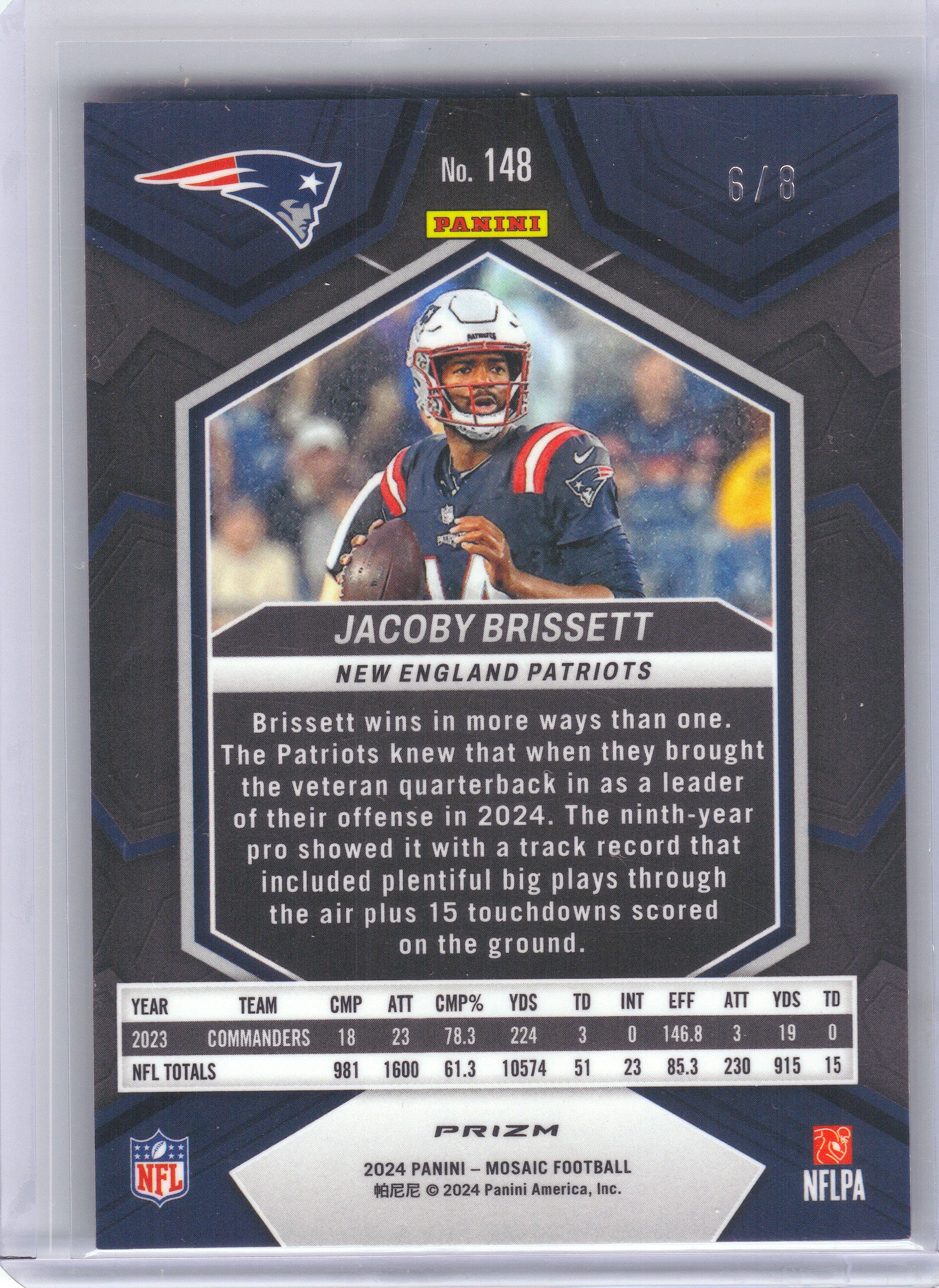 2024 Panini Mosaic #148 Jacoby Brissett Mosaic Choice Black Gold #/8 New England Patriots SN