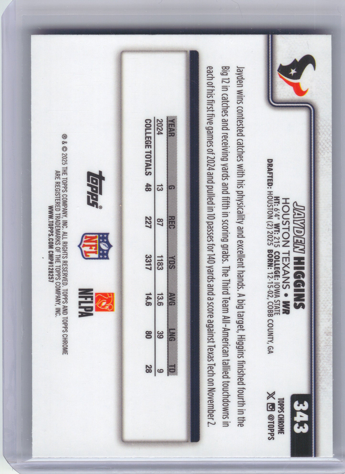 2025 Topps Chrome #343 Jayden Higgins Houston Texans RC