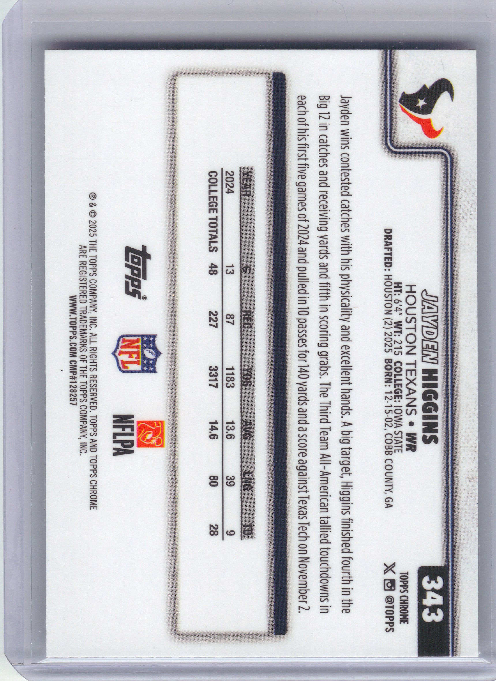 2025 Topps Chrome #343 Jayden Higgins Houston Texans RC