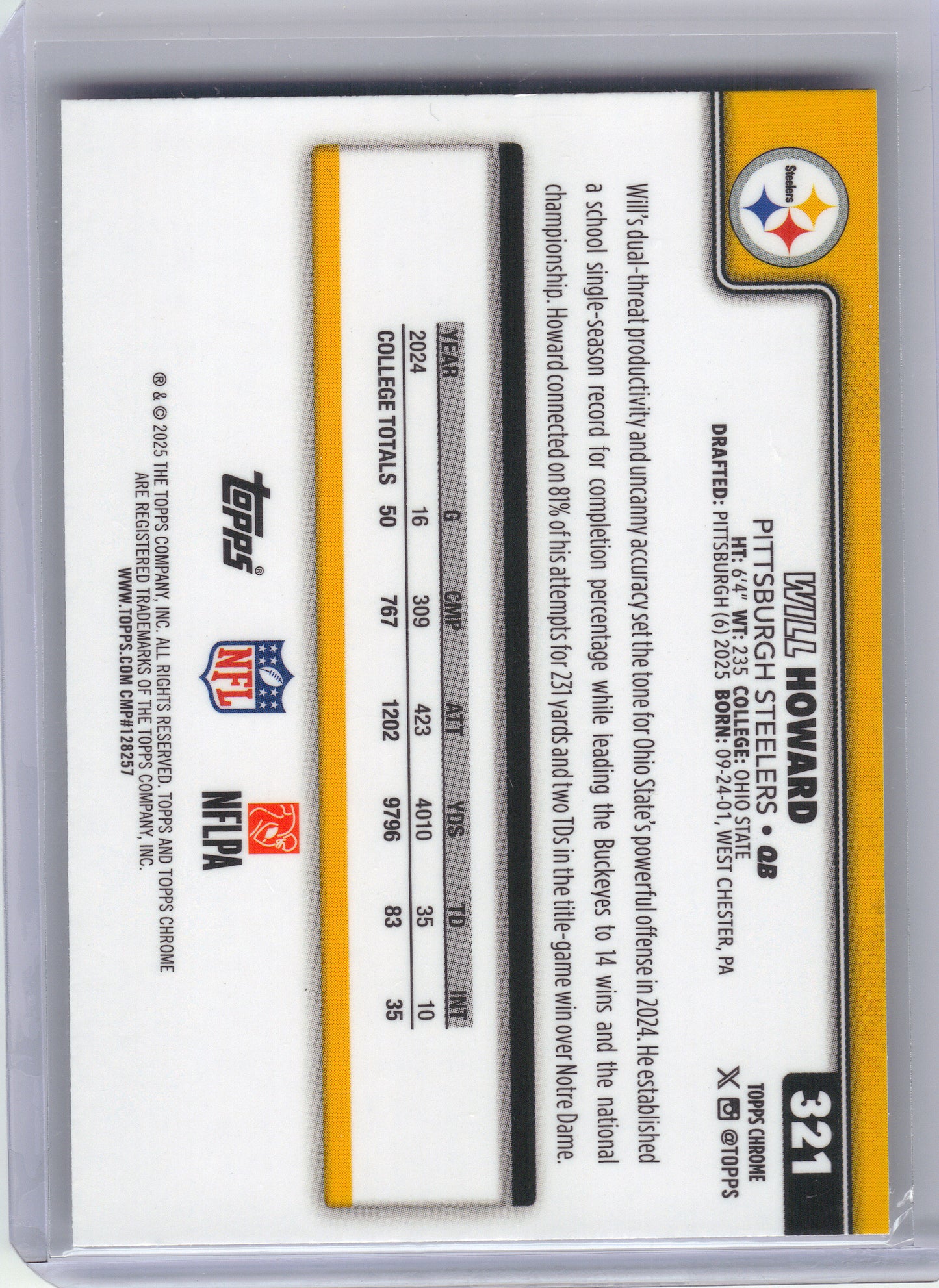 2025 Topps Chrome #321 Will Howard Pittsburgh Steelers RC