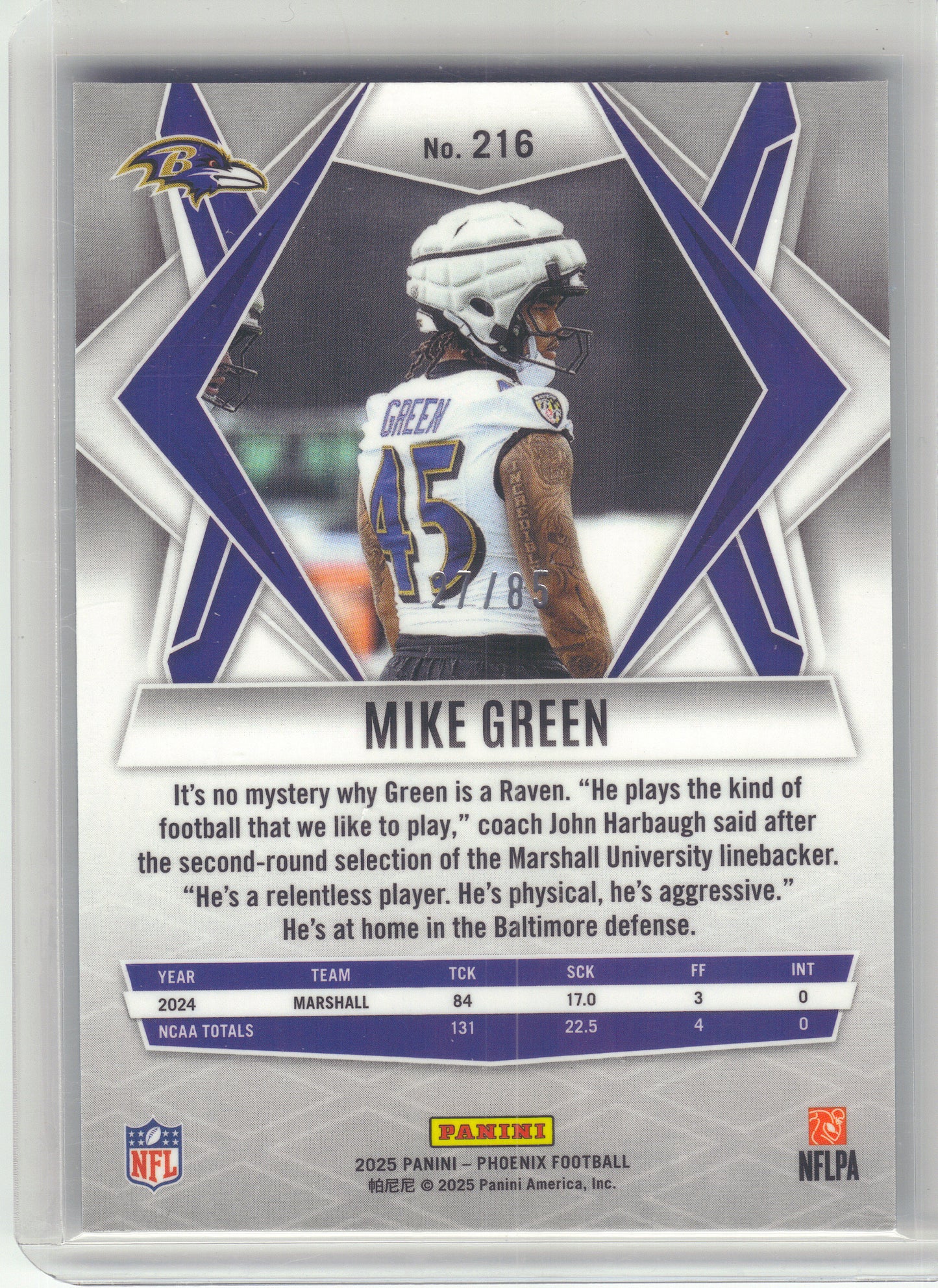 2025 Panini Phoenix #216 Mike Green Light Blue Mojo Prizm #/85 Baltimore Ravens SN,RC