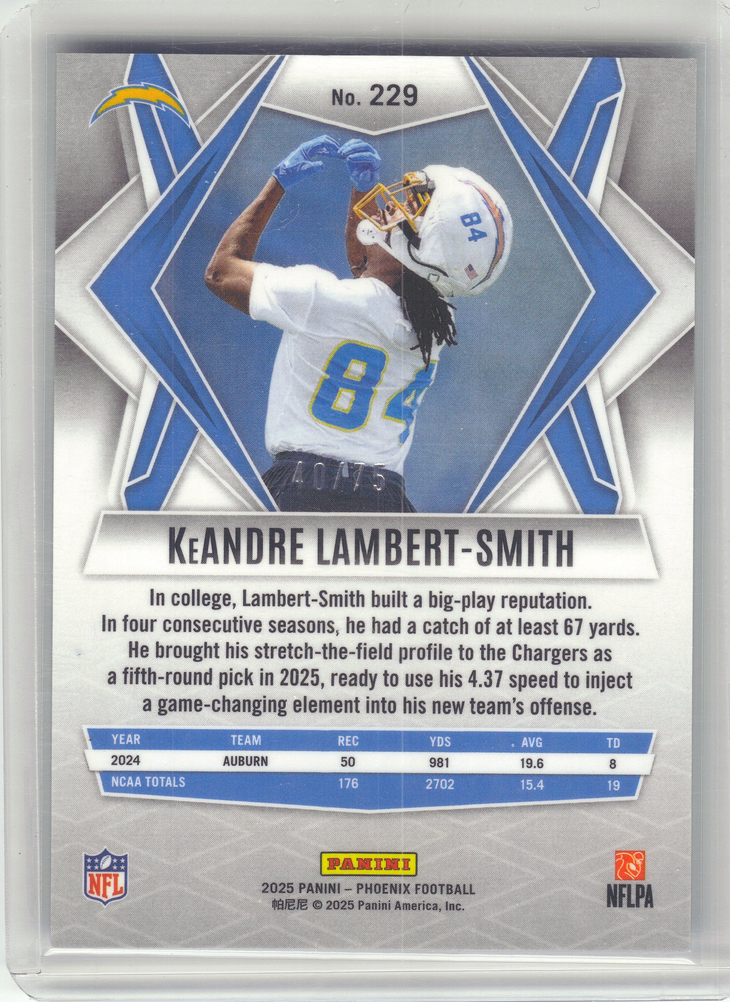 2025 Panini Phoenix #229 KeAndre Lambert-Smith Lime Green Mojo Prizm #/75 Los Angeles Chargers SN,RC