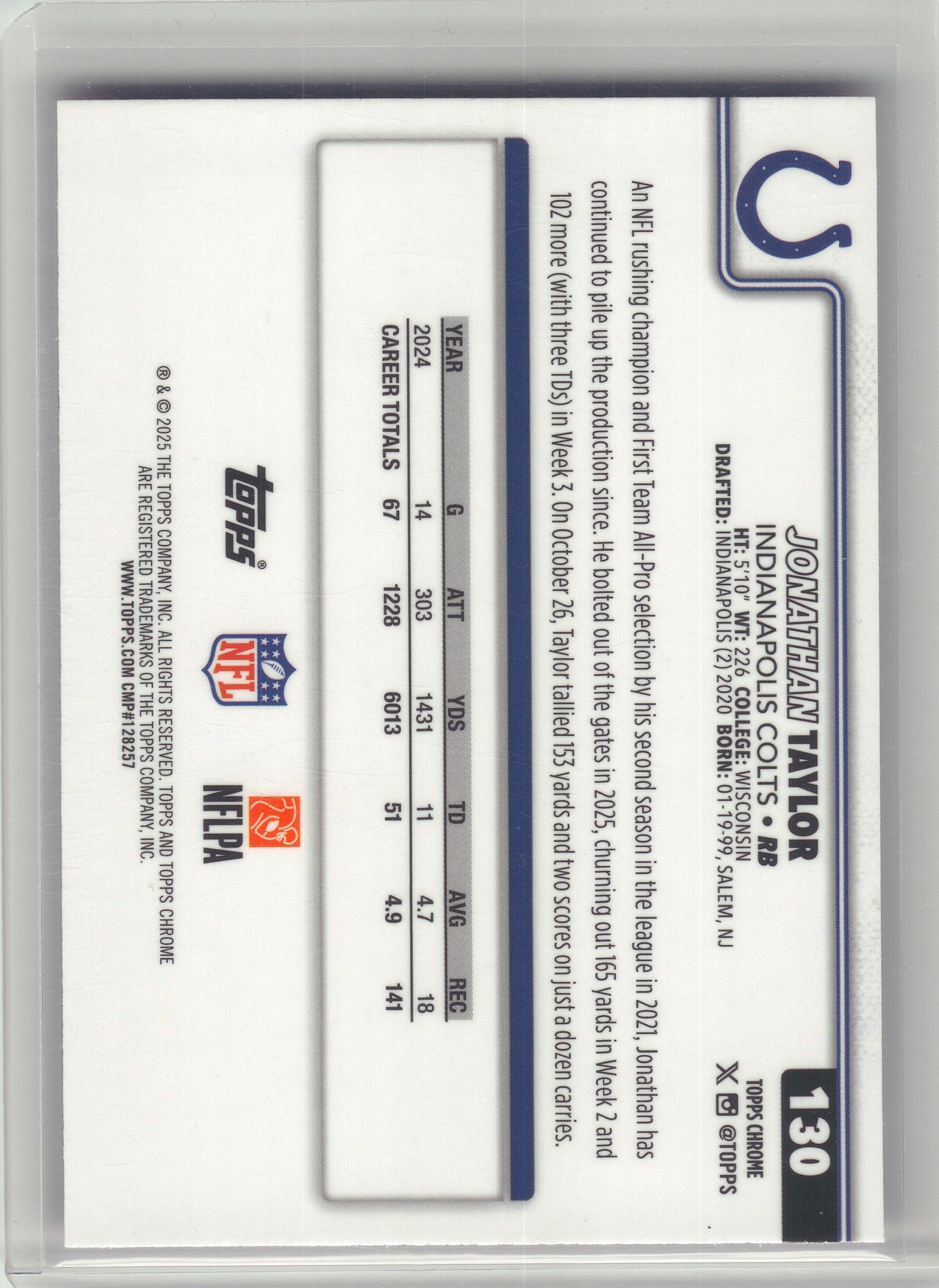 2025 Topps Chrome #130 Jonathan Taylor Pink Wave Refractor #/250 Indianapolis Colts SN