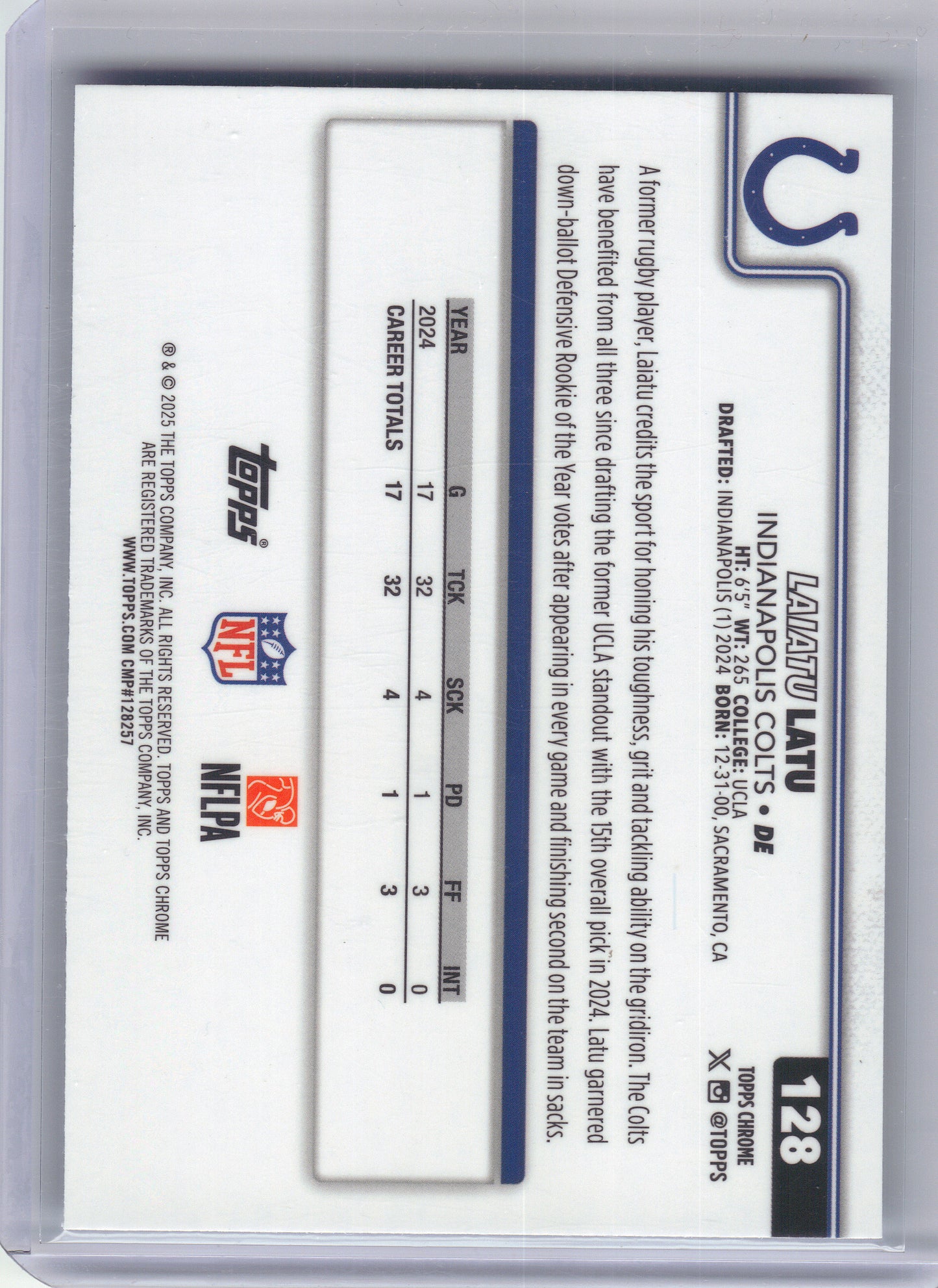 2025 Topps Chrome #128 Laiatu Latu Blue Wave Refractor #/150 Indianapolis Colts SN