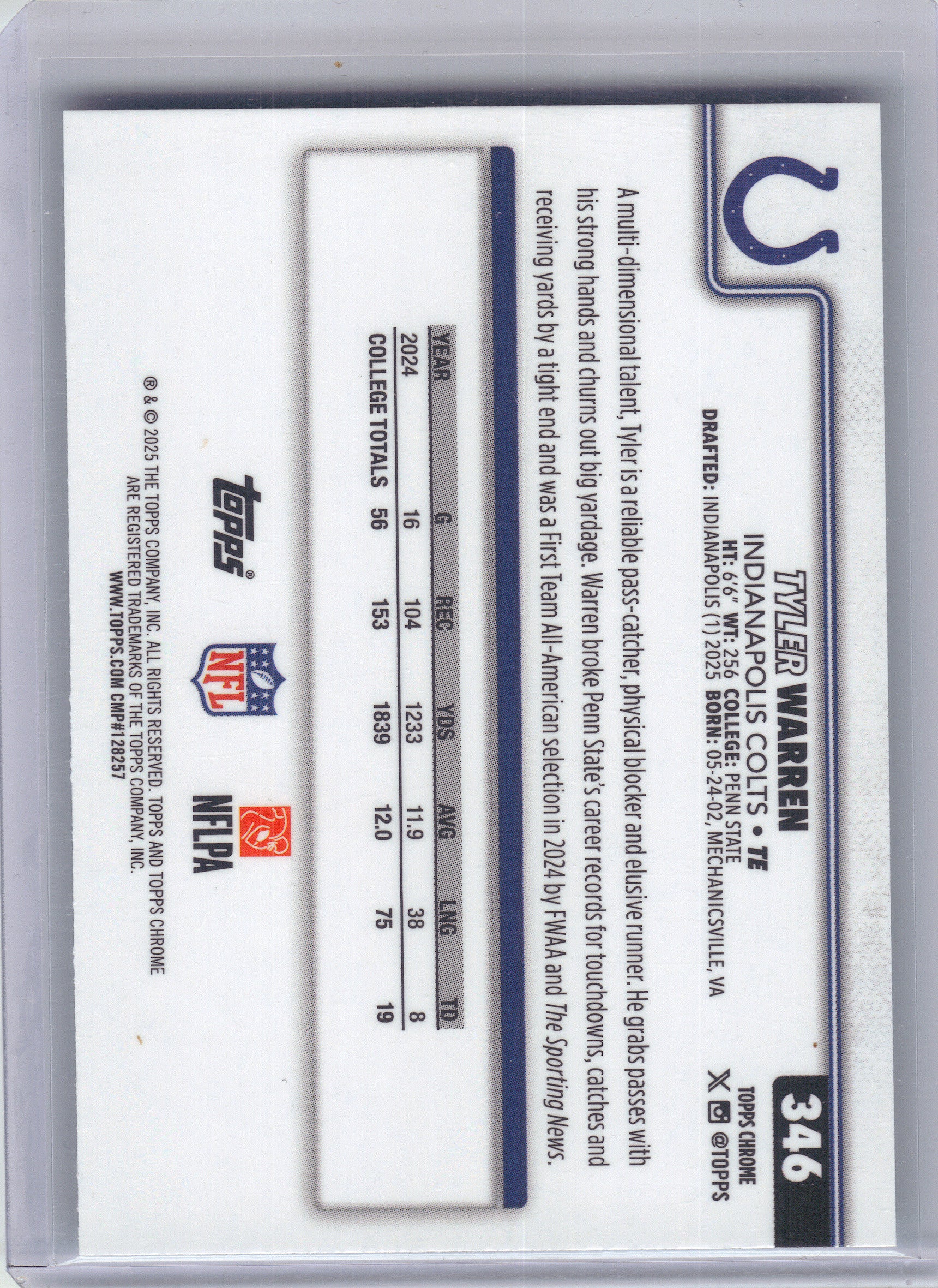 2025 Topps Chrome #346 Tyler Warren Teal Refractor #/299 Indianapolis Colts SN,RC