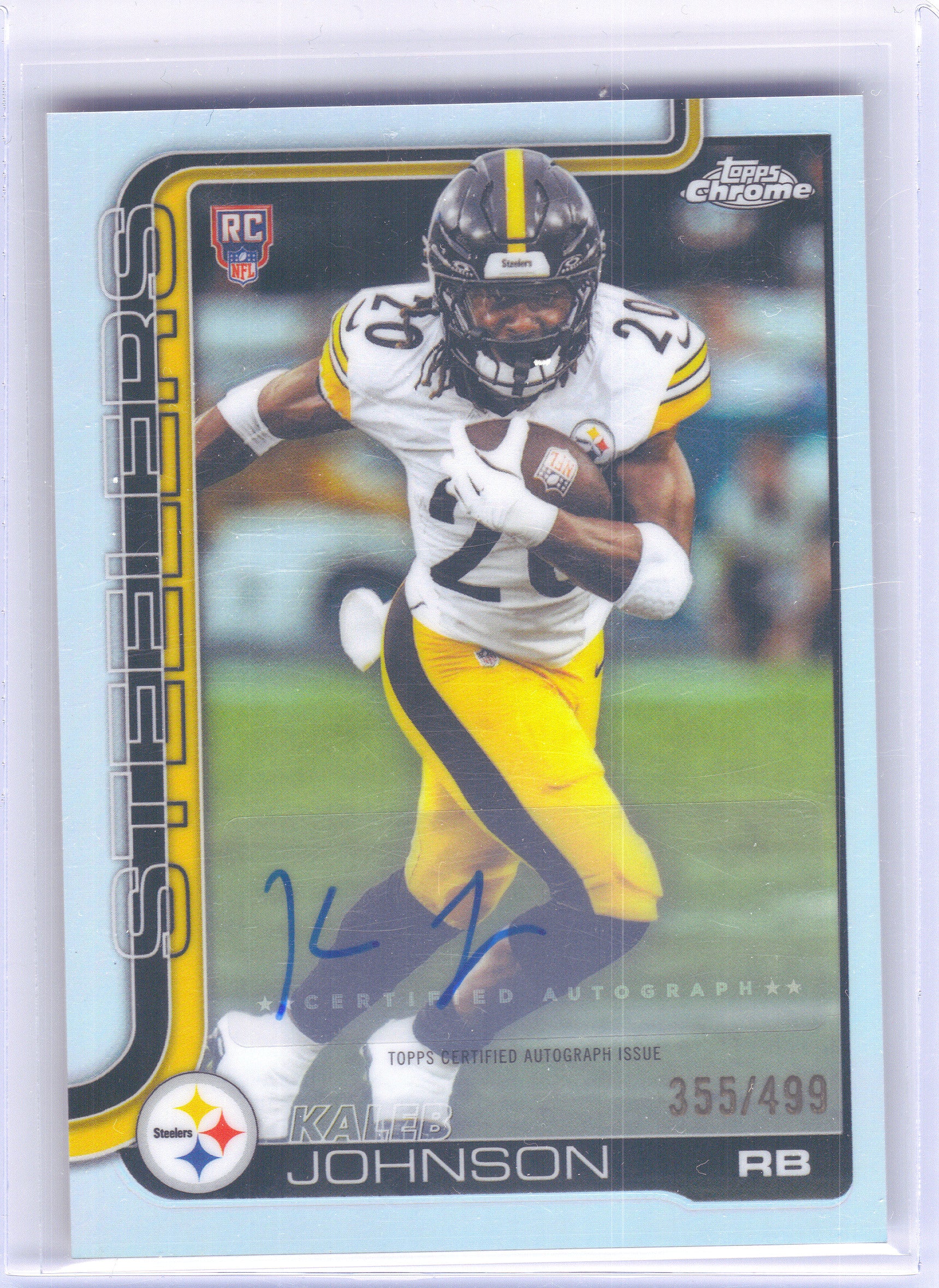 2025 Topps Chrome #RA-KJ Kaleb Johnson Chrome Rookie Autographs Refractor #/499 Pittsburgh Steelers SN,AU