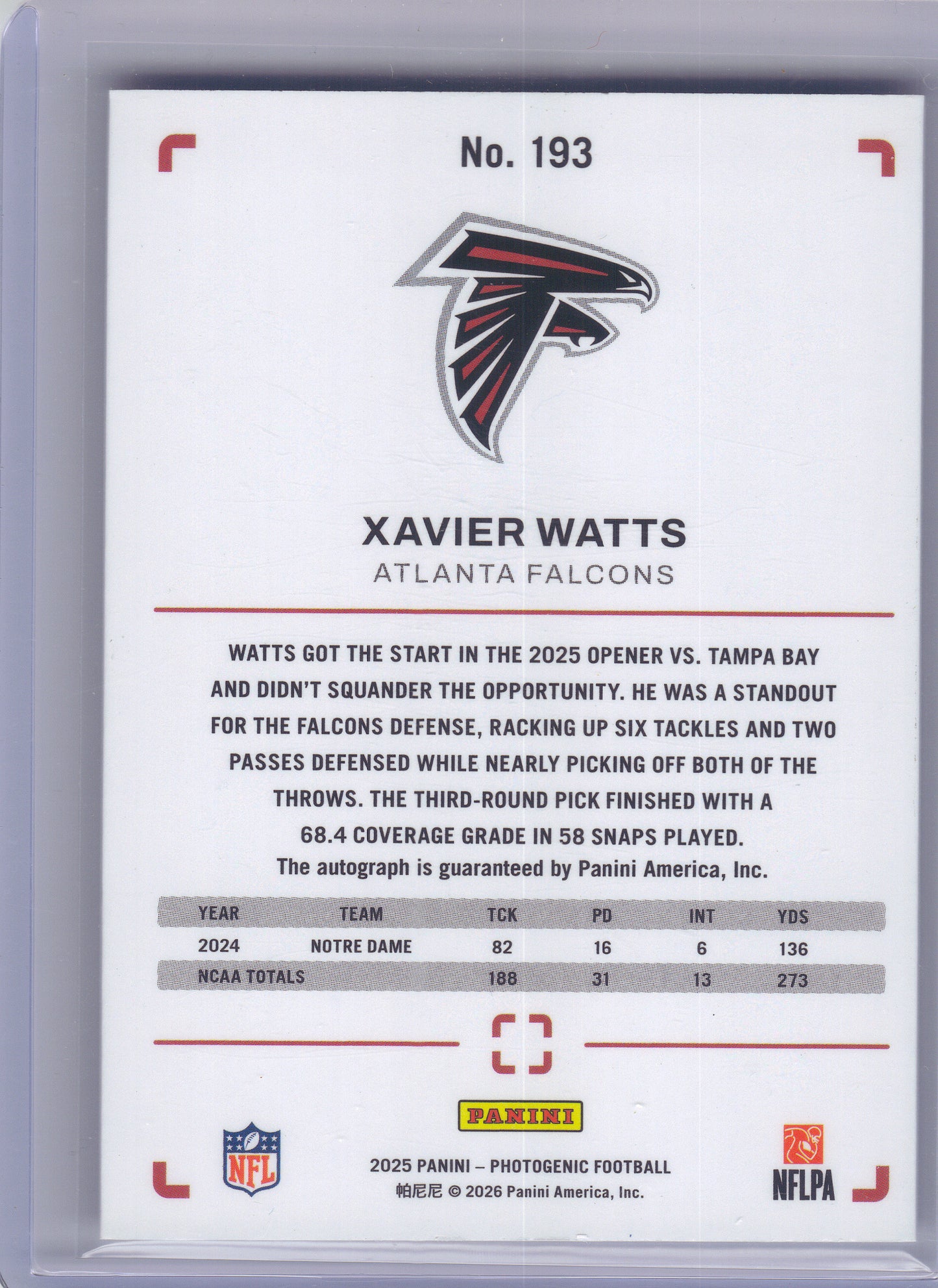 2025 Panini Photogenic #193 Xavier Watts Autographs Blue #/49 Atlanta Falcons SN,RC,AU