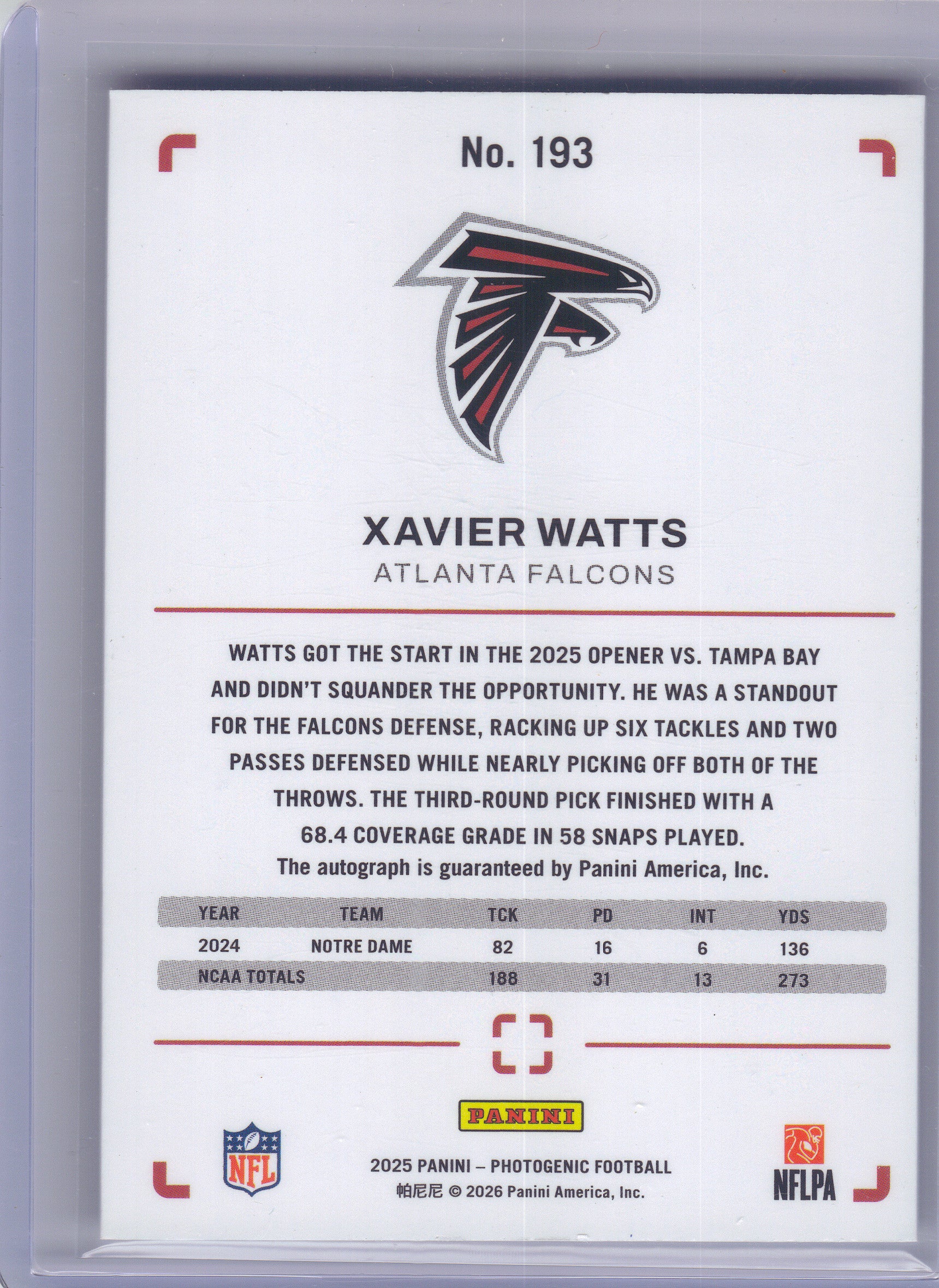 2025 Panini Photogenic #193 Xavier Watts Autographs Blue #/49 Atlanta Falcons SN,RC,AU
