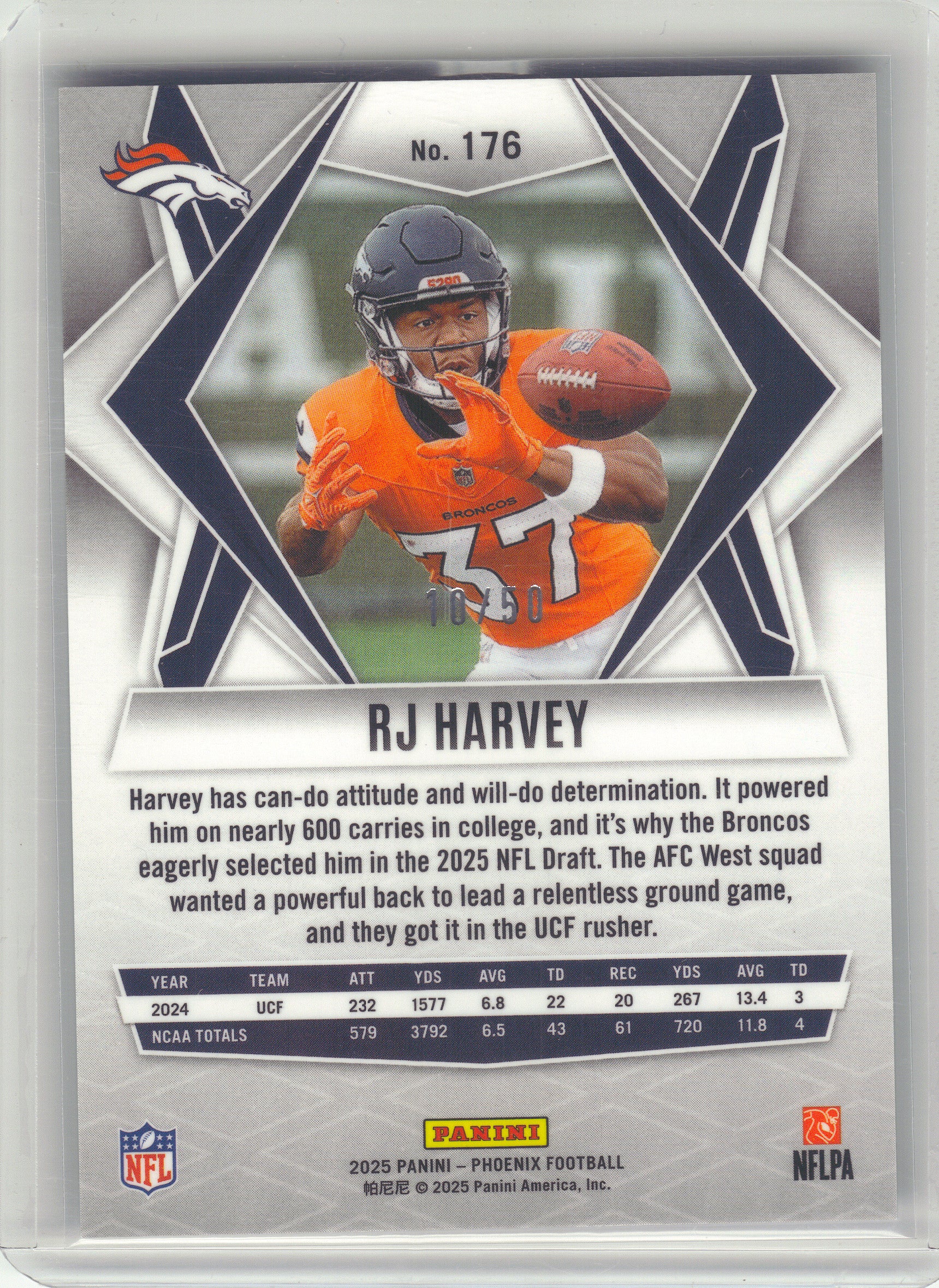 2025 Panini Phoenix #176 RJ Harvey Teal Mojo Prizm #/50 Denver Broncos SN,RC