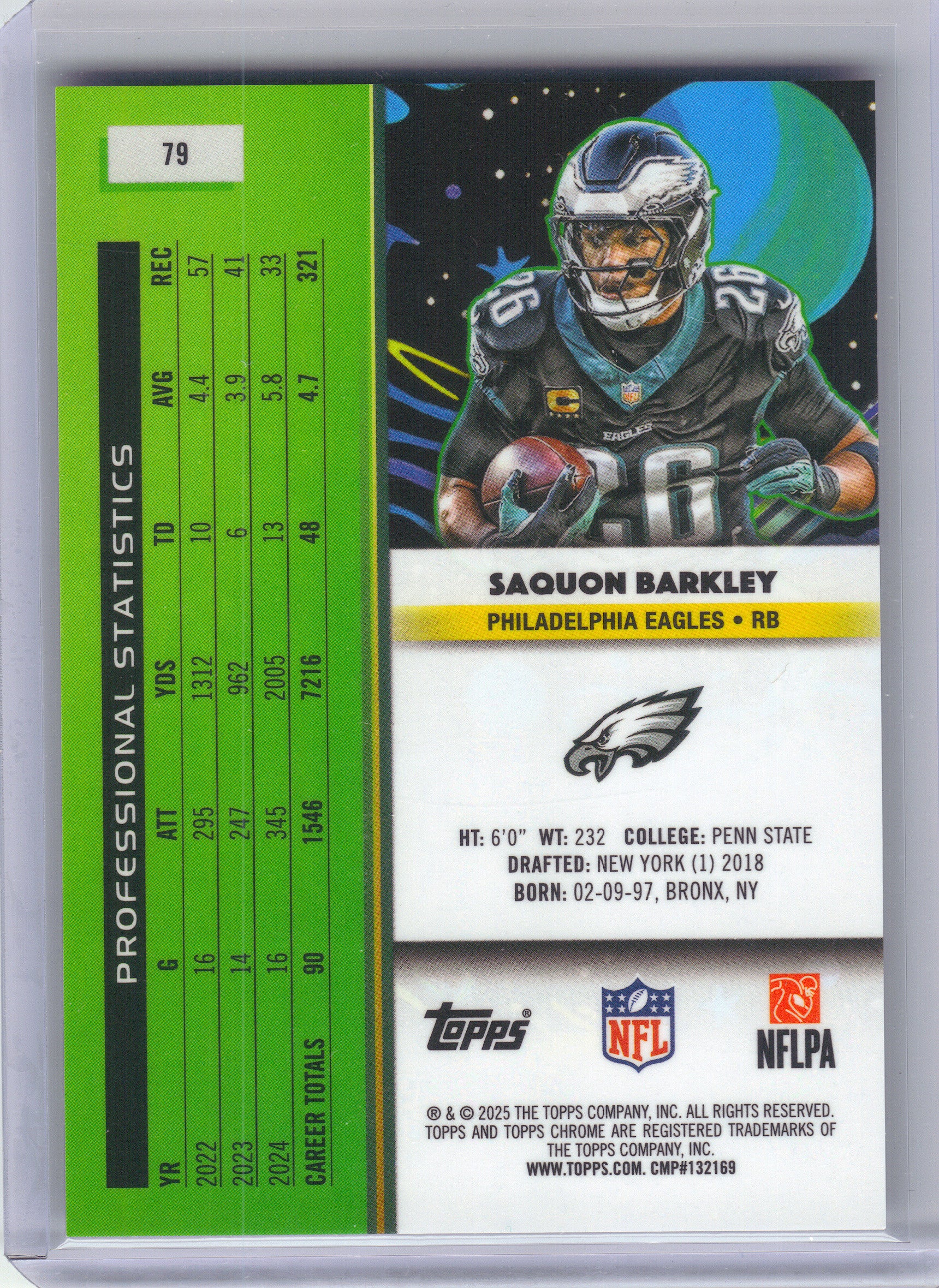 2025 Topps Chrome Cosmic #79 Saquon Barkley Purple Nebula Refractor #/150 Philadelphia Eagles SN
