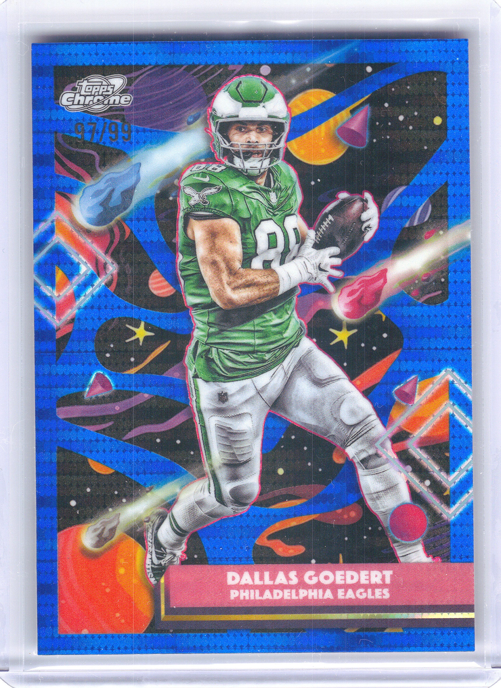 2025 Topps Chrome Cosmic #81 Dallas Goedert Blue Moon Refractor #/99 Philadelphia Eagles SN