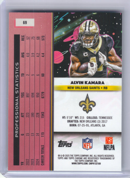 2025 Topps Chrome Cosmic #69 Alvin Kamara Aqua Equinox Refractor #/199 New Orleans Saints SN