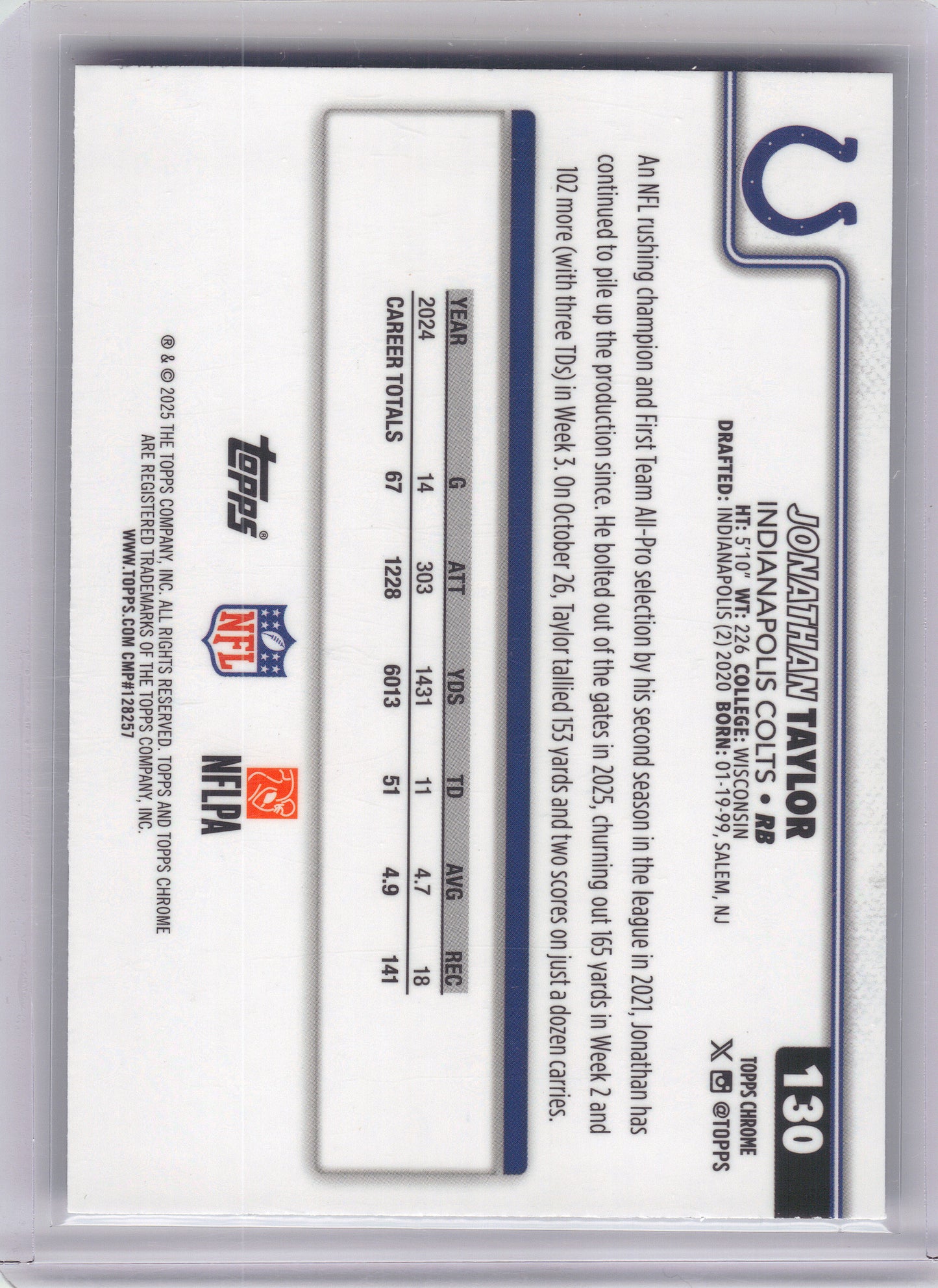 2025 Topps Chrome #130 Jonathan Taylor Purple Refractor #/75 Indianapolis Colts SN