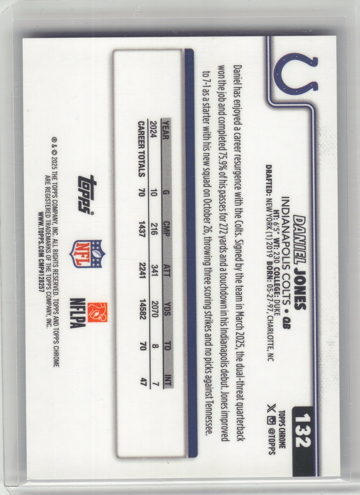 2025 Topps Chrome #132 Daniel Jones White Refractor #/30 Indianapolis Colts SN