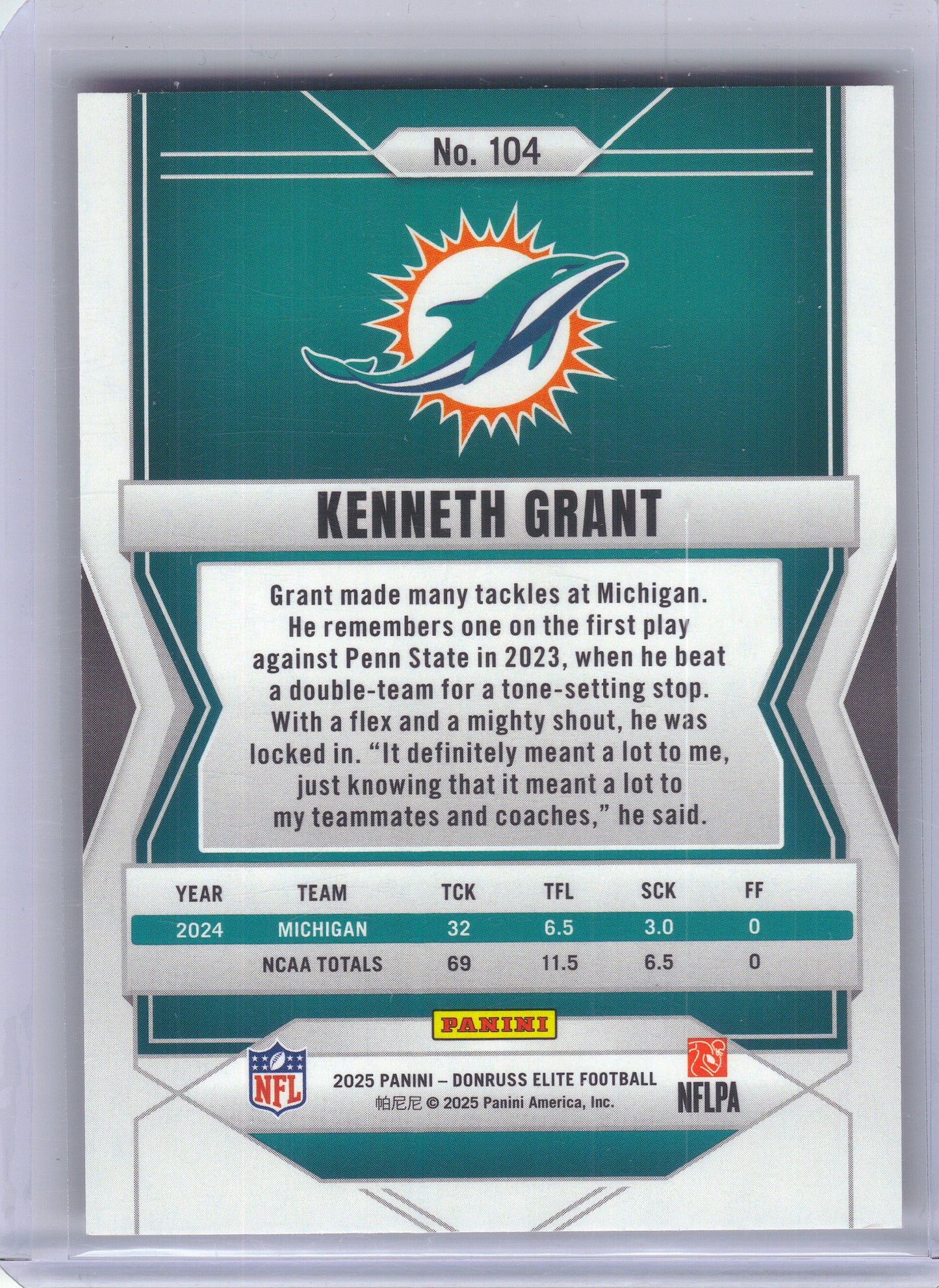 2025 Donruss Elite #104 Kenneth Grant Red #/99 Miami Dolphins SN,RC