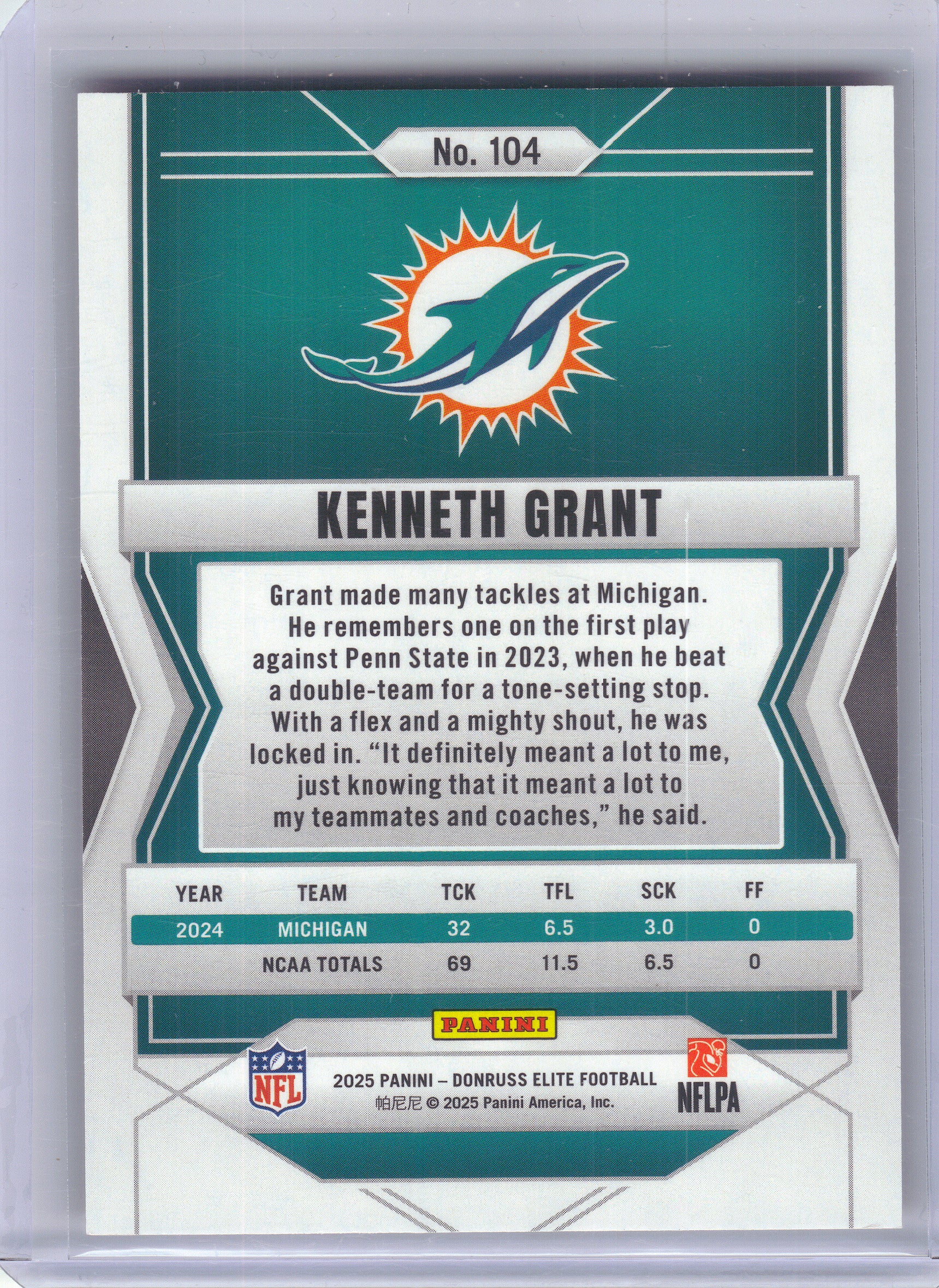 2025 Donruss Elite #104 Kenneth Grant Red #/99 Miami Dolphins SN,RC