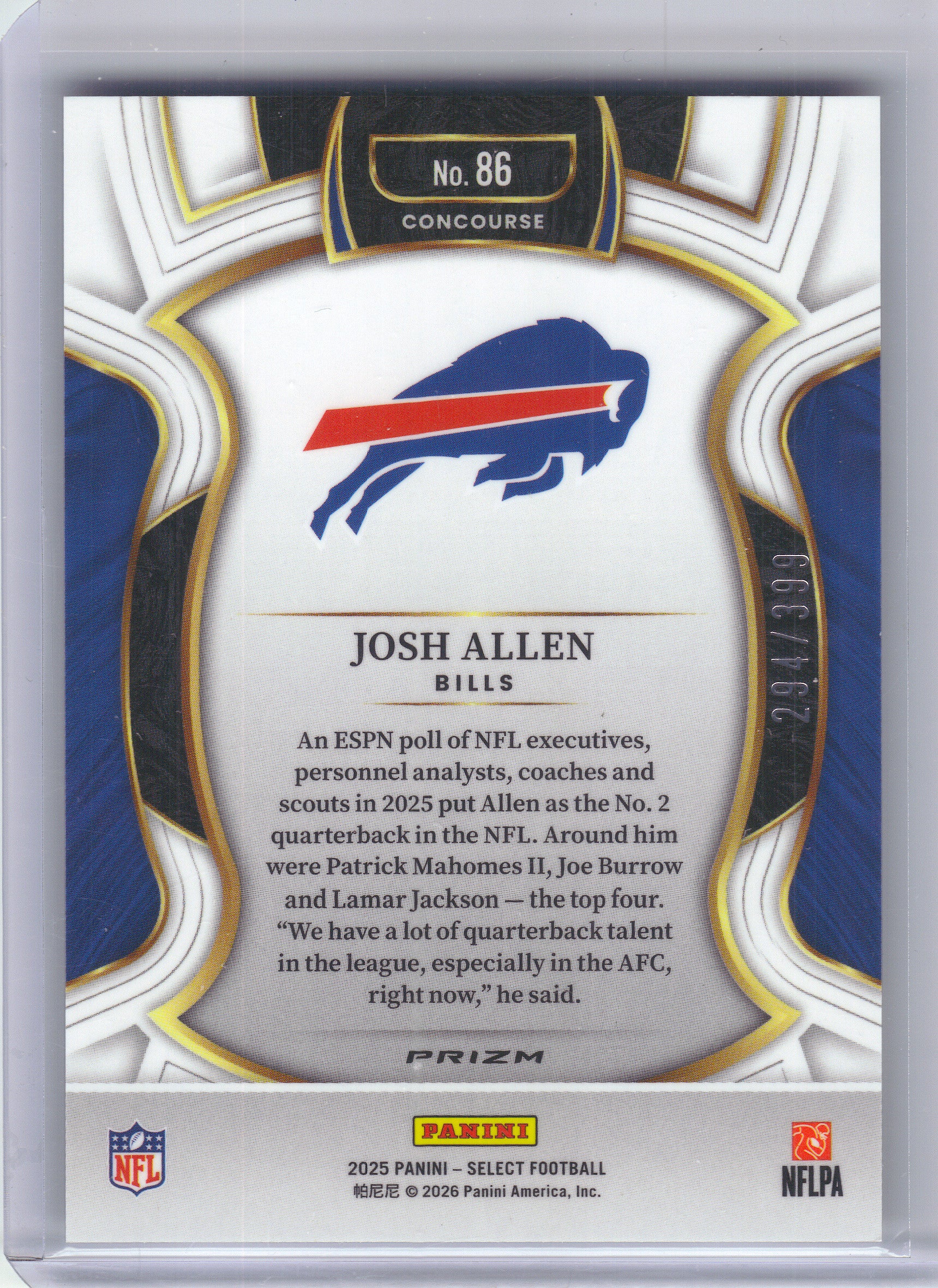 2025 Panini Select #86 Josh Allen Tri-Color Prizm #/399 Buffalo Bills SN