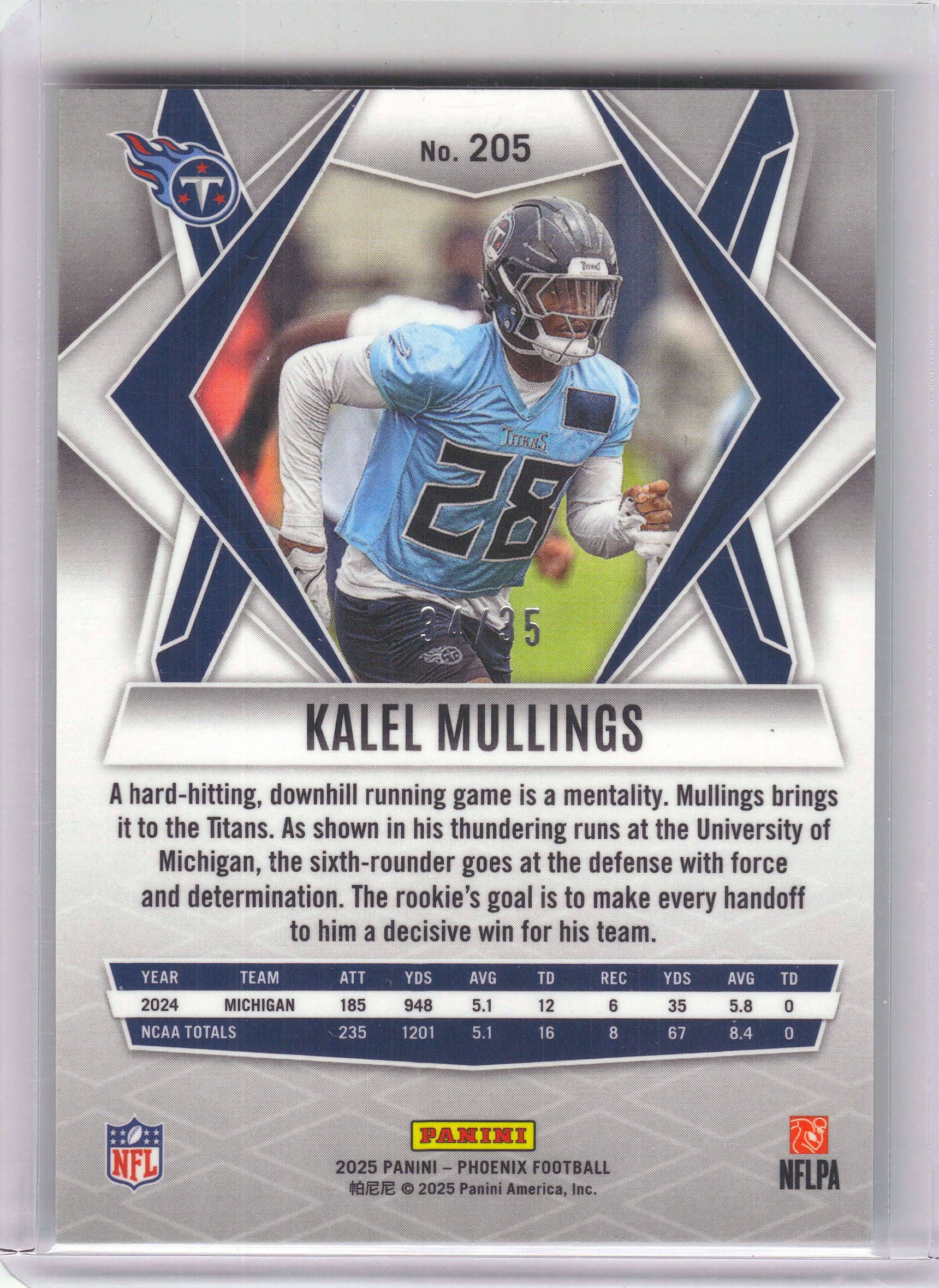 2025 Panini Phoenix #205 Kalel Mullings Yellow Mojo Prizm #/35 Tennessee Titans SN,RC