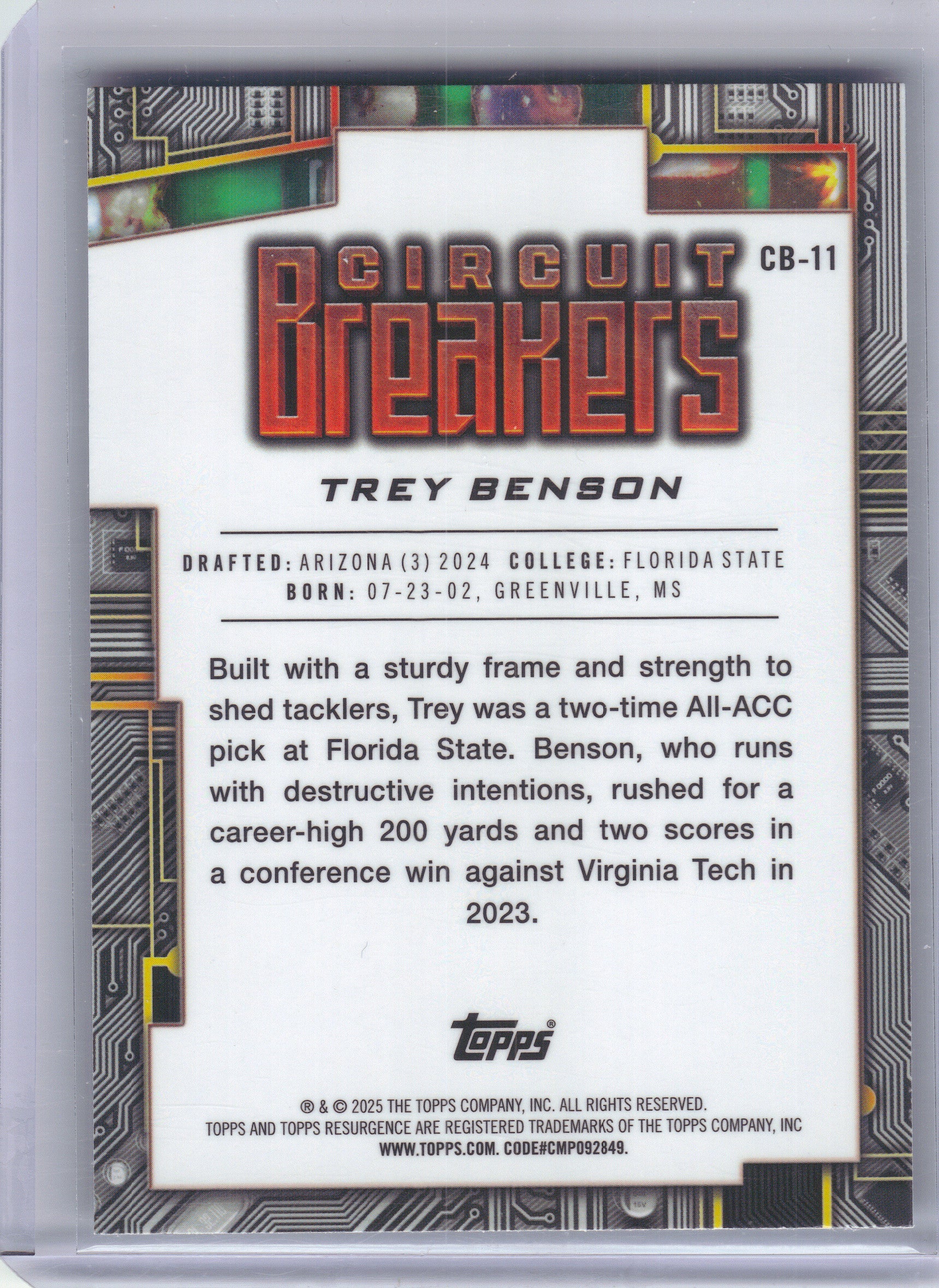 2024 Topps Resurgence #CB-11 Trey Benson Circuit Breakers Blue Surge #/99 Arizona Cardinals SN