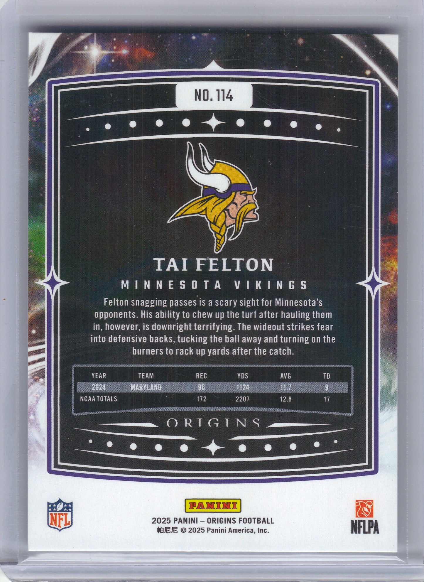 2025 Panini Origins #114 Tai Felton Holo Silver #/149 Minnesota Vikings SN,RC