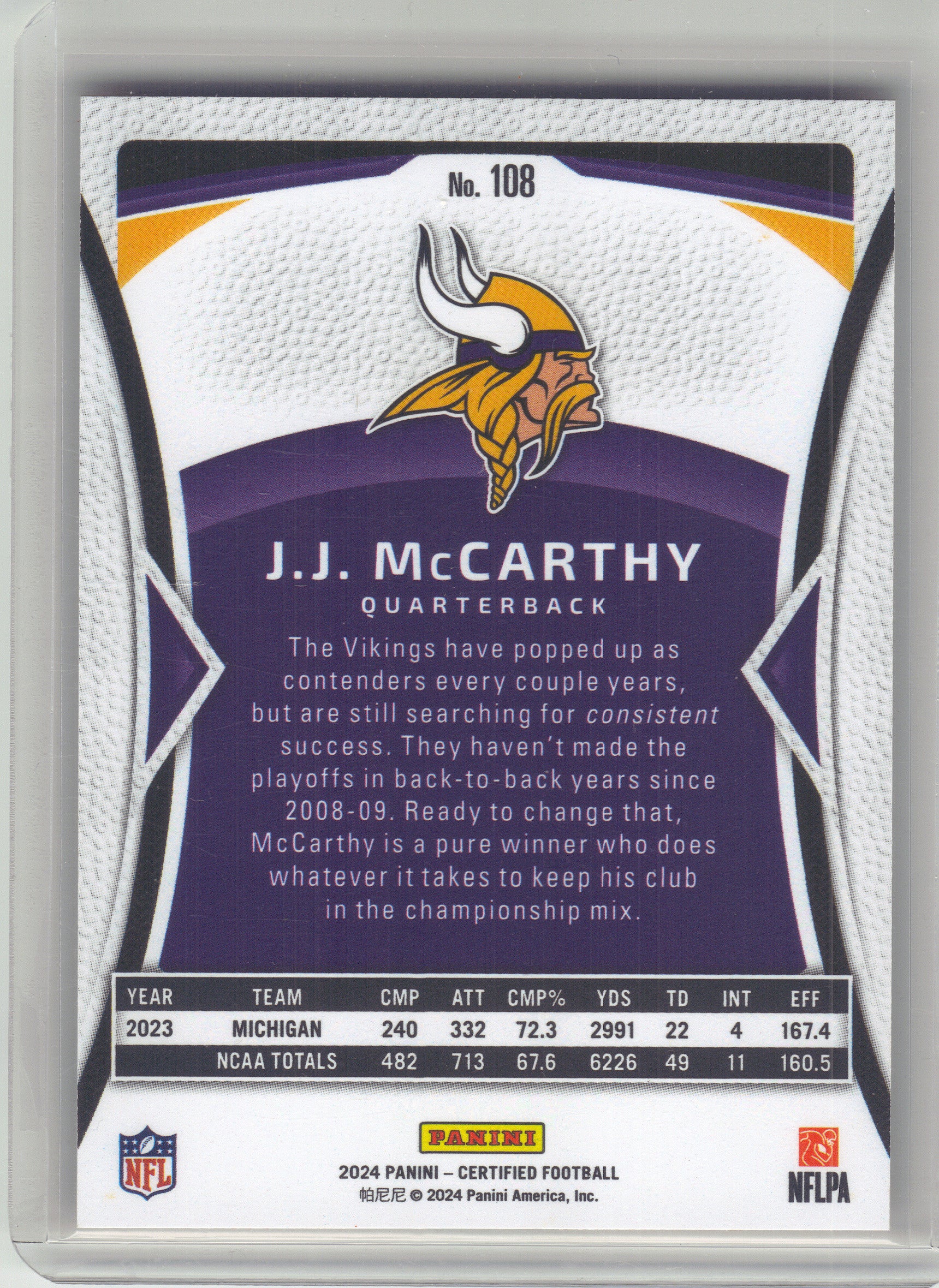 2024 Panini Certified #108 J.J. McCarthy Mirror Orange #/150 Minnesota Vikings SN,RC