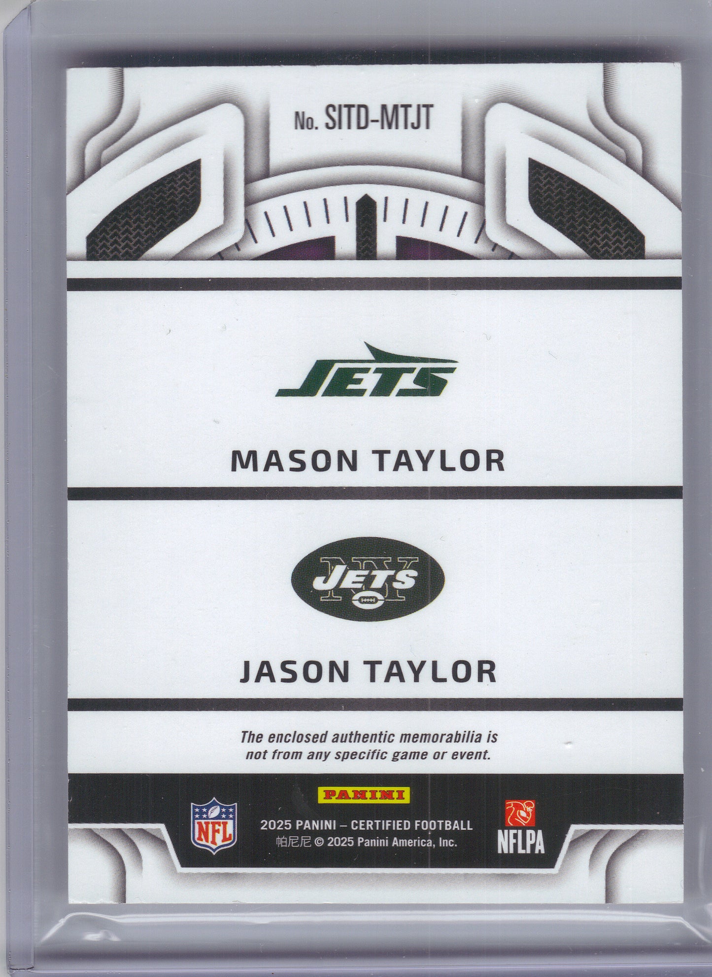 2025 Panini Certified #SITD-MTJT Mason Taylor / Jason Taylor Stitches in Time Dual Mirror Red Etch #/25 New York Jets SN,MEM