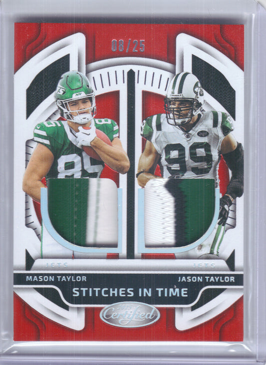 2025 Panini Certified #SITD-MTJT Mason Taylor / Jason Taylor Stitches in Time Dual Mirror Red Etch #/25 New York Jets SN,MEM