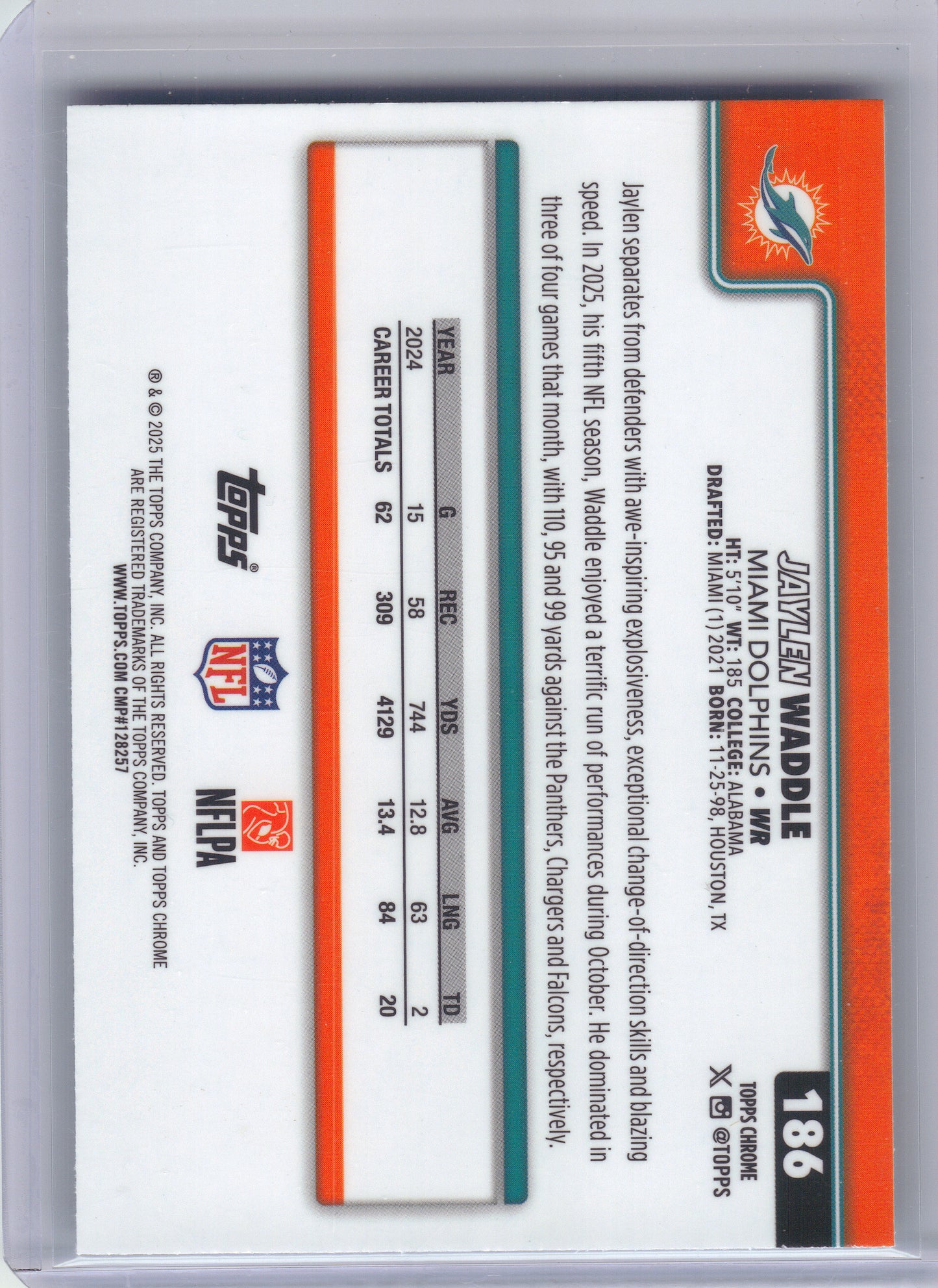 2025 Topps Chrome #186 Jaylen Waddle Teal Refractor #/299 Miami Dolphins SN