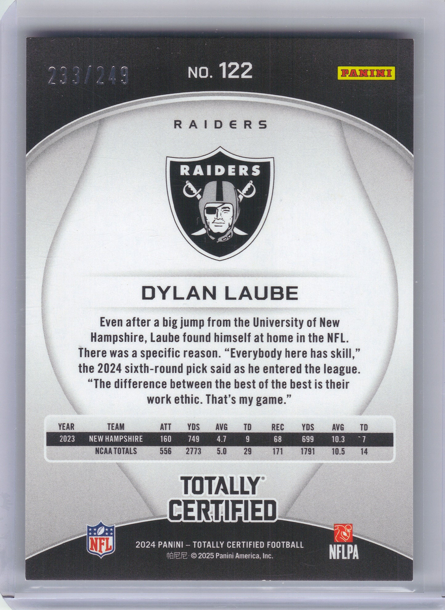 2024 Panini Totally Certified #122 Dylan Laube Mirror Red #/249 Las Vegas Raiders SN,RC