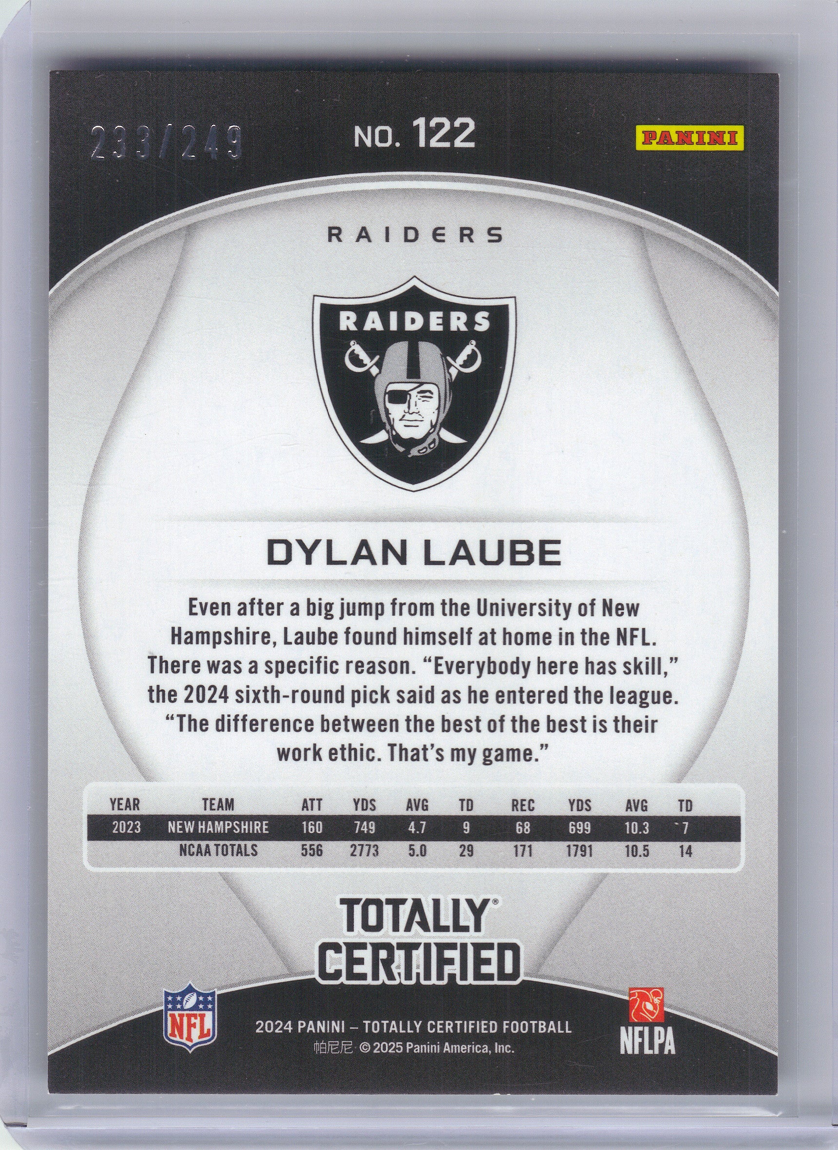2024 Panini Totally Certified #122 Dylan Laube Mirror Red #/249 Las Vegas Raiders SN,RC