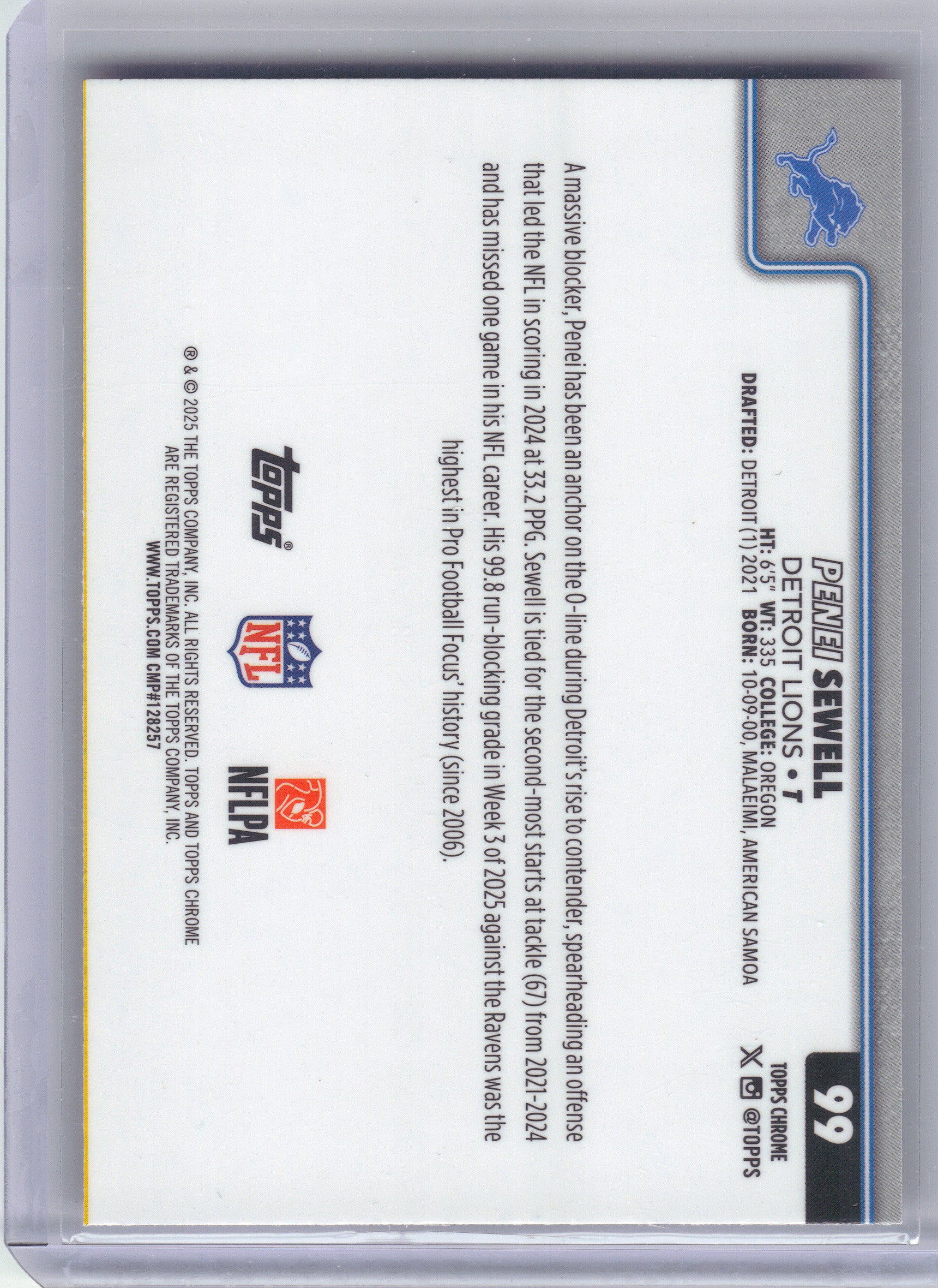 2025 Topps Chrome #99 Penei Sewell Pink Refractor #/250 Detroit Lions SN
